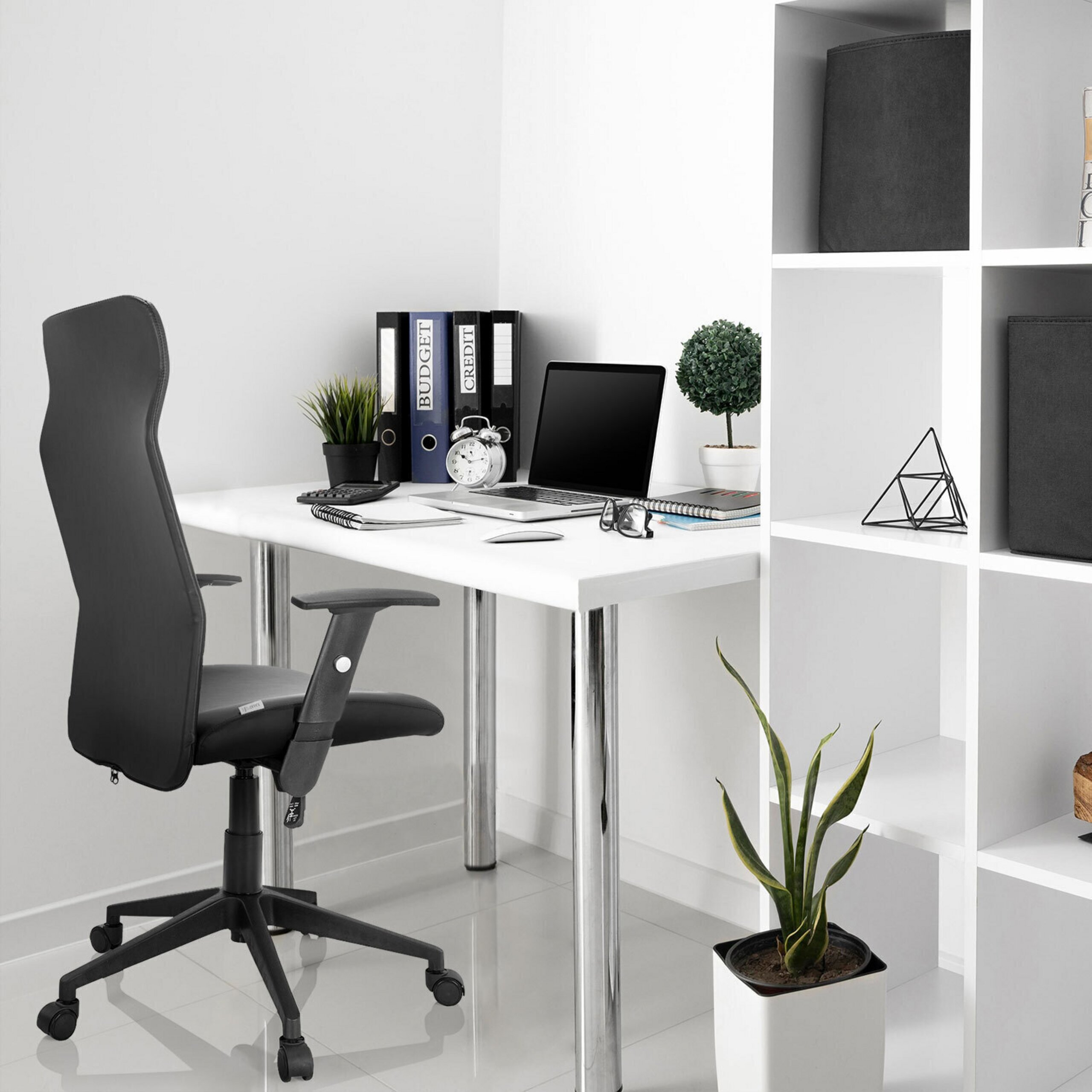 Ein weißer Schreibtisch mit Laptop, Ordnern, Pflanzen und einem schwarzen Stuhl, daneben ein weißes Regal.