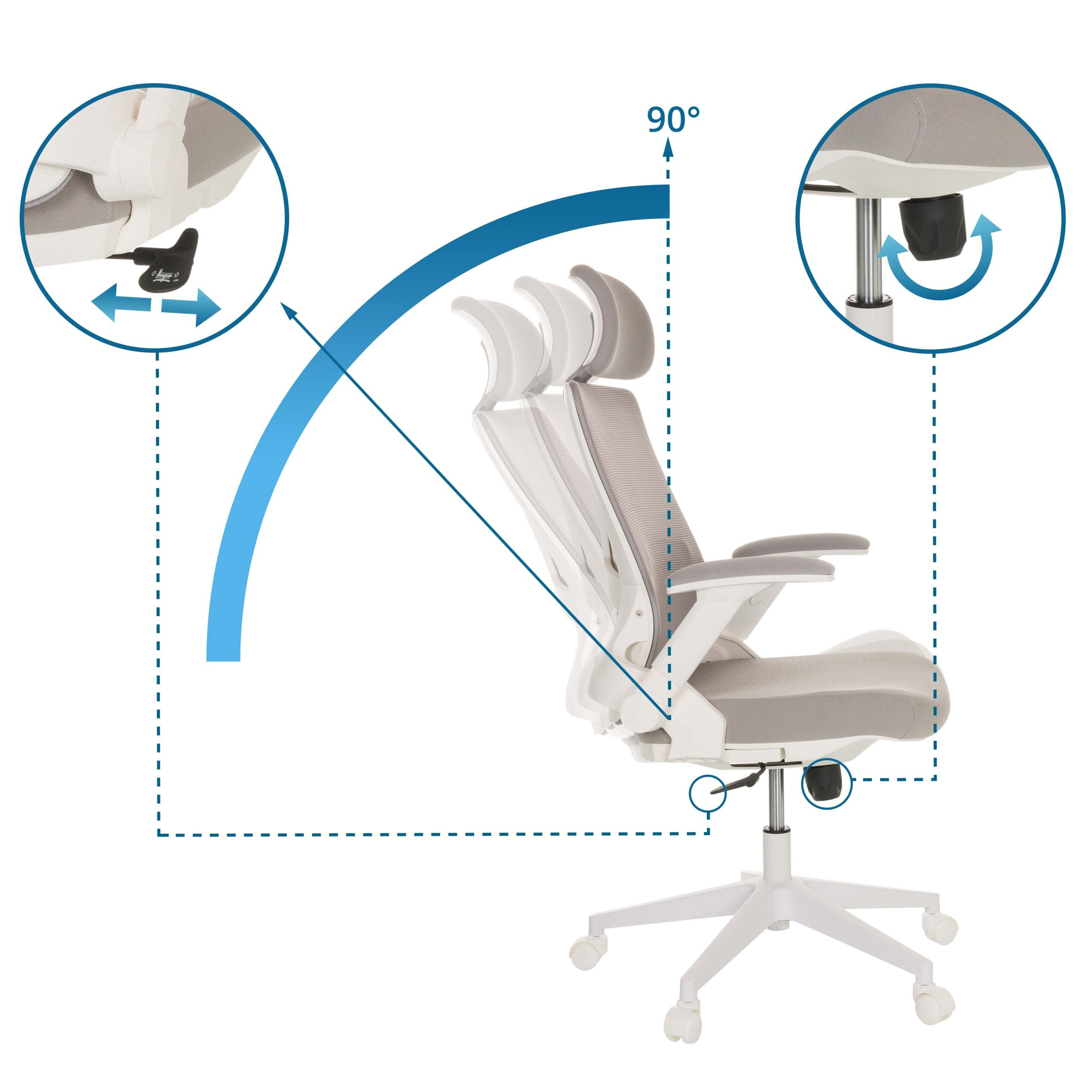 Ergonomischer weißer und grauer Bürostuhl mit Neigungsverstellung und Zoom-In-Details.