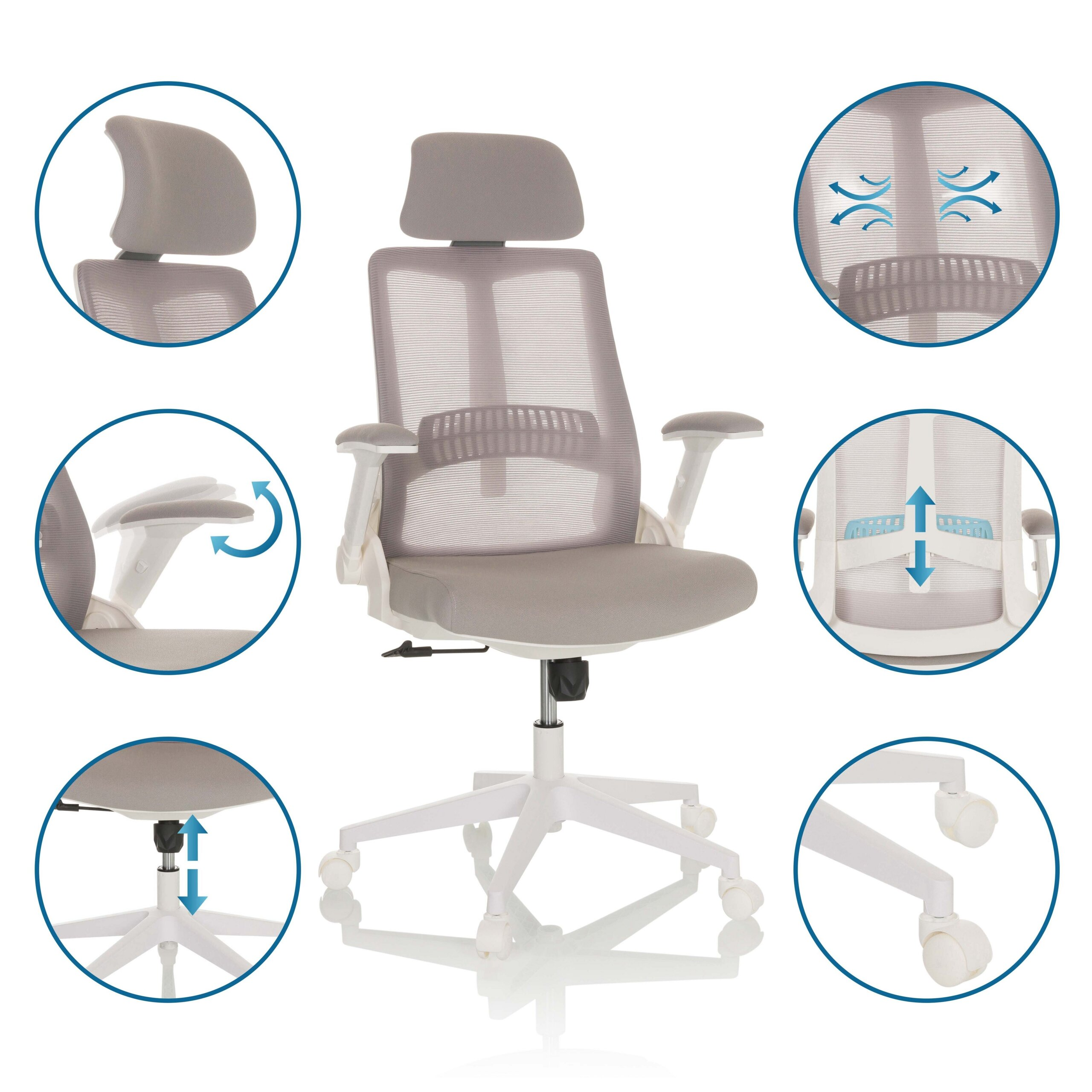 Grauer ergonomischer Buerostuhl mit weissem Gestell, Rollen und Detailkreisen fuer verstellbare Funktionen.