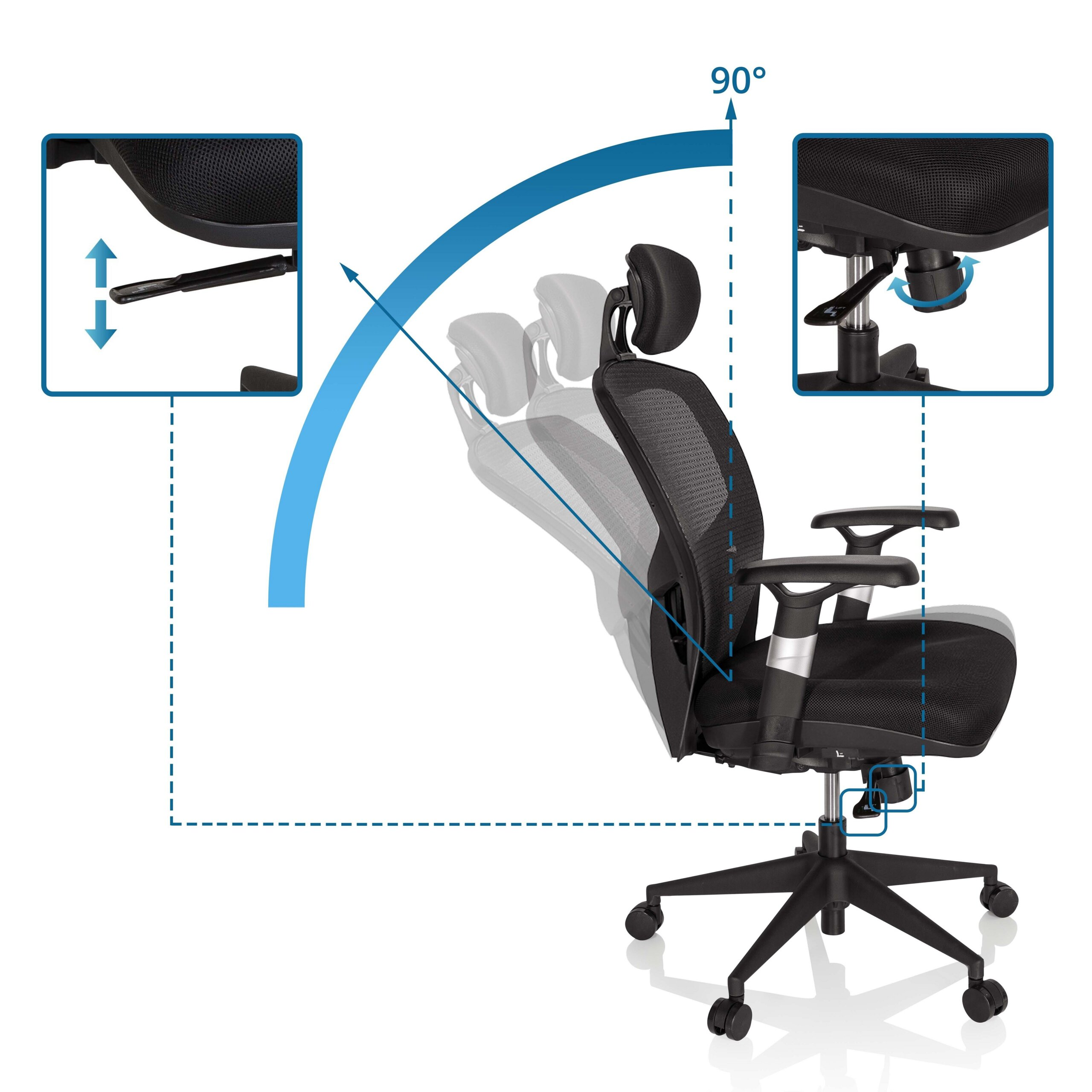 Diagramm zeigt die Neigungsfunktion und die Verstellhebel eines schwarzen ergonomischen Bürostuhls.