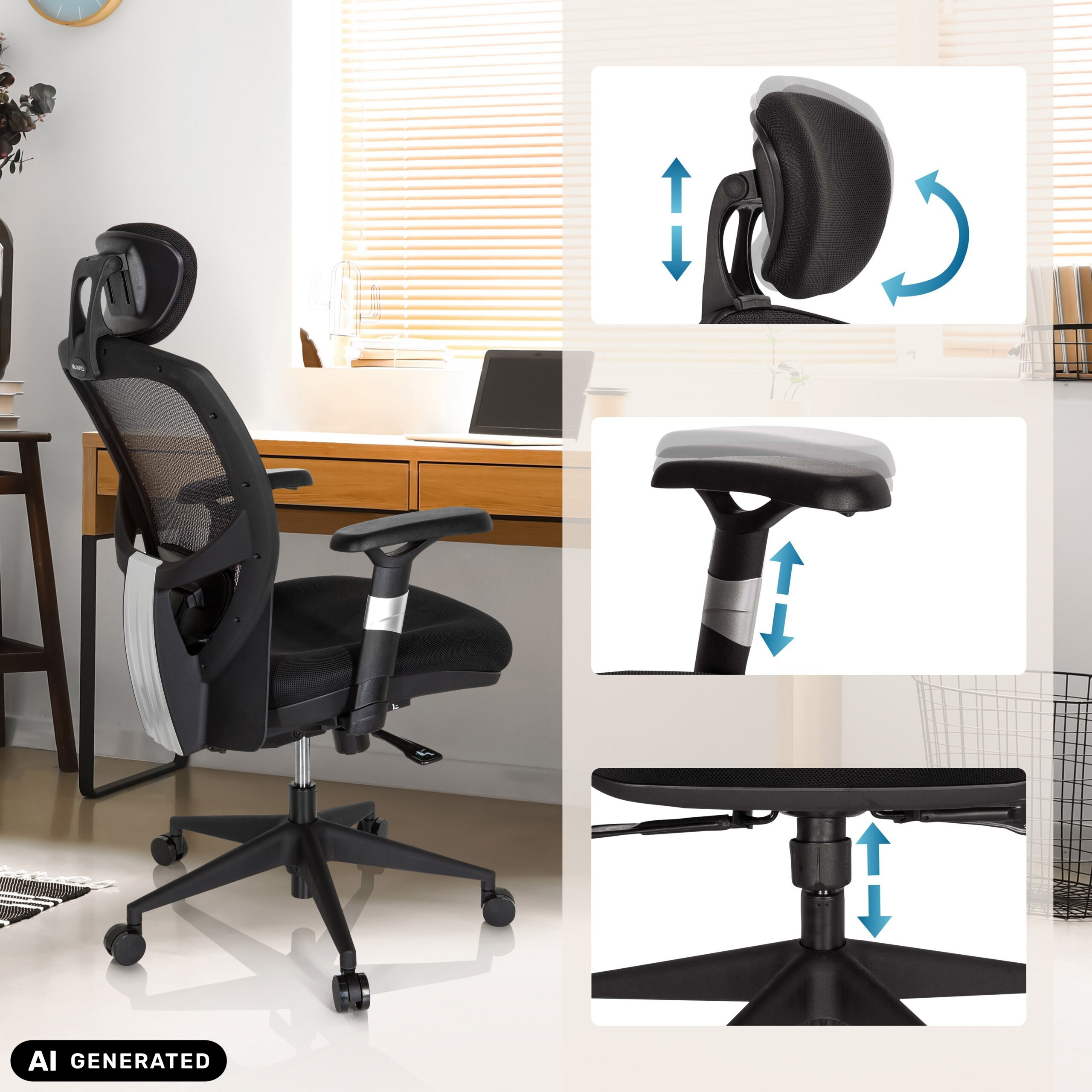 Ein schwarzer ergonomischer Bürostuhl mit verstellbarer Kopfstütze, Armlehnen und Sitzhöhe.