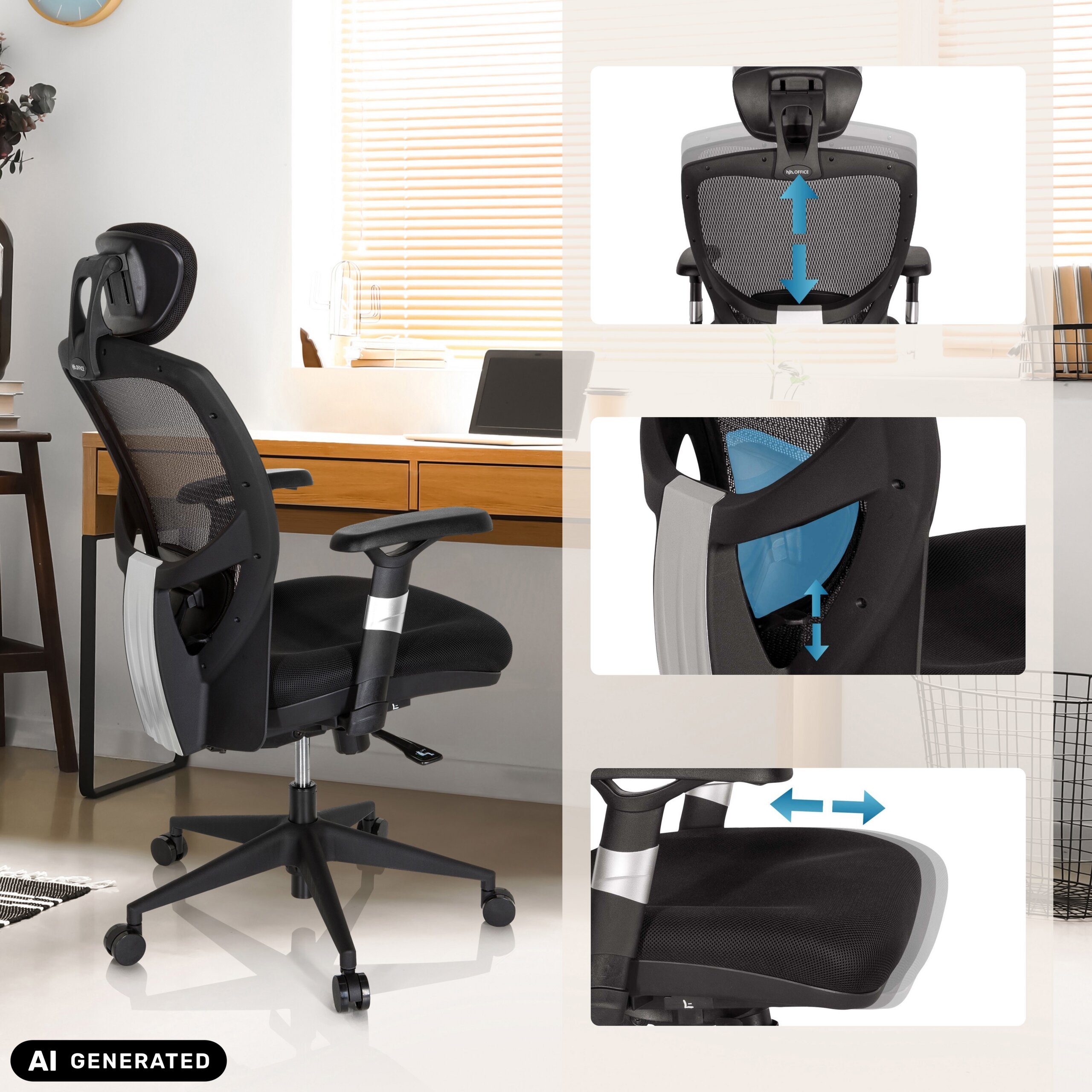 Schwarzer ergonomischer Buerostuhl mit verstellbarer hoehe und sitzflaeche vor einem schreibtisch.