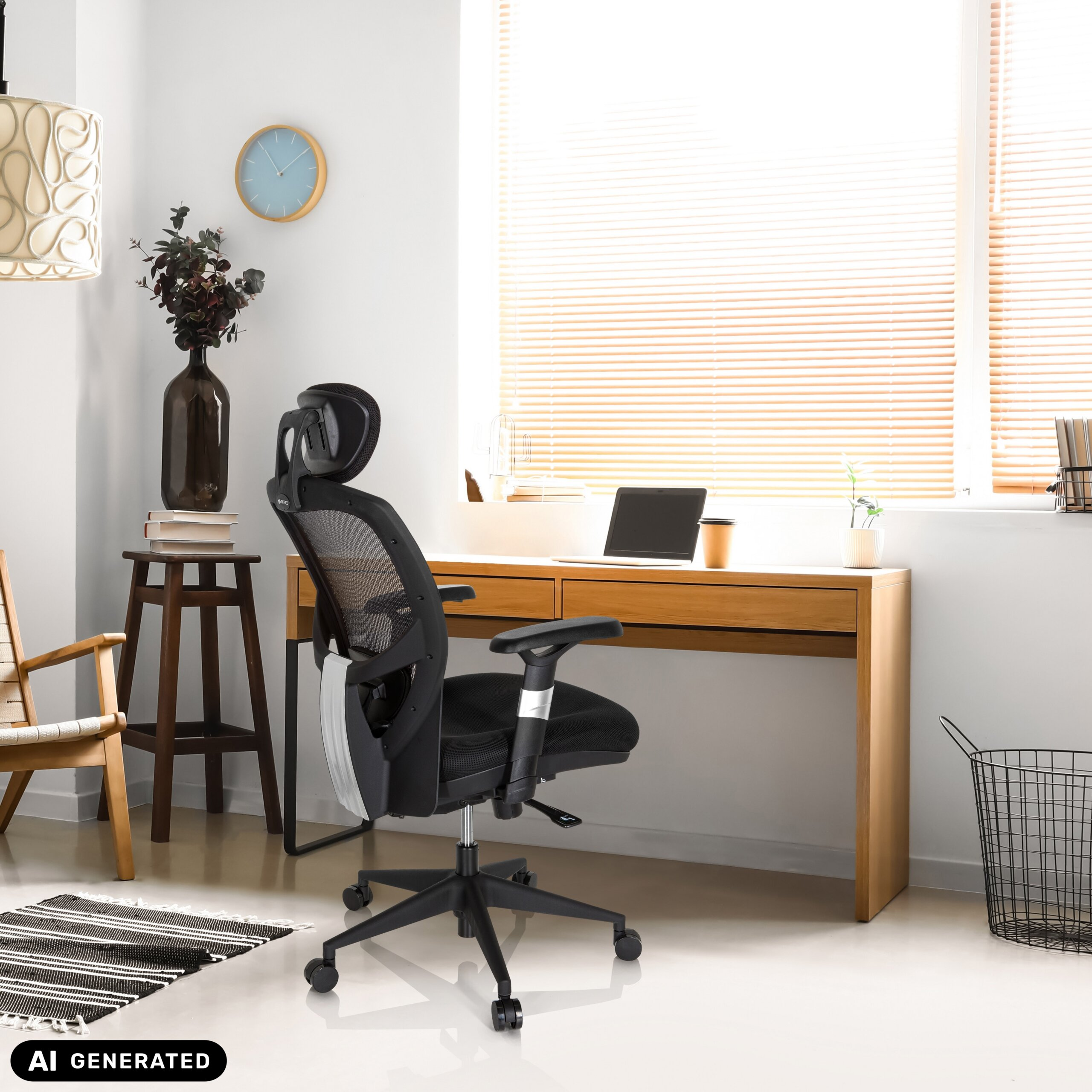 Moderne Schreibtischecke mit ergonomischem schwarzem Stuhl, Holztisch, Laptop und grossen Fenstern mit Jalousien.