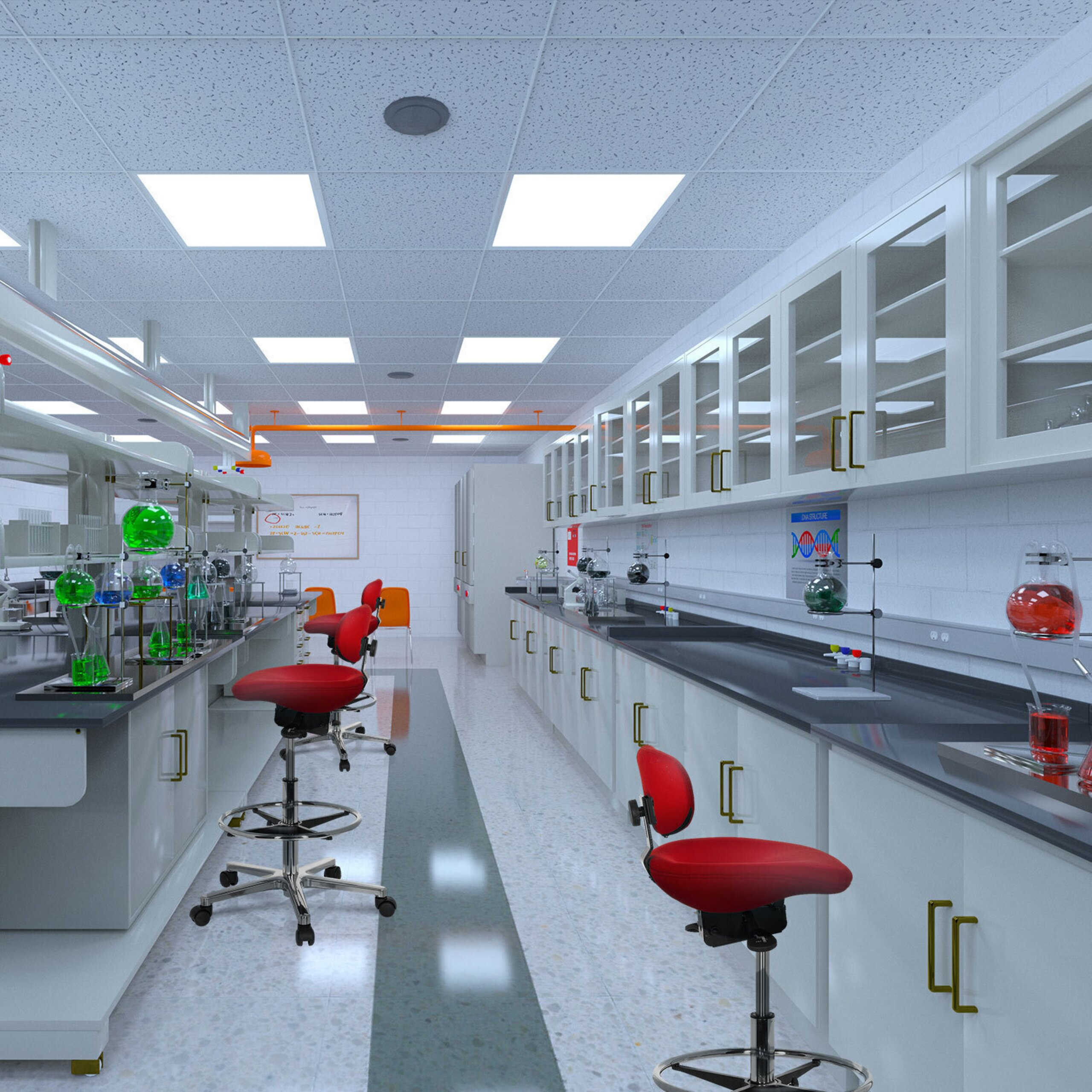 Moderne Laboratorien mit weißen Schränken, roten Hockern und Glaswaren mit bunten Flüssigkeiten.
