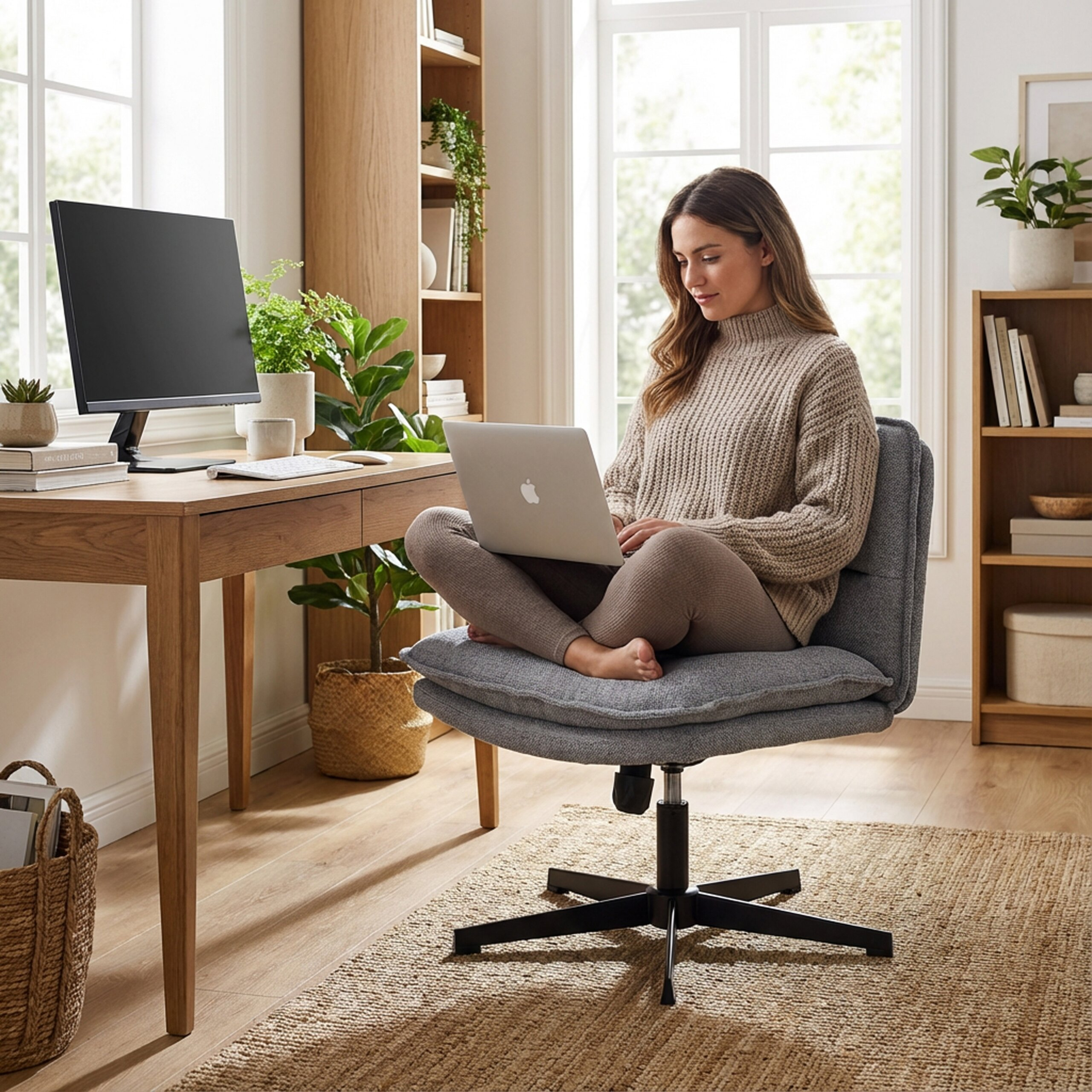 Eine Frau sitzt im Schneidersitz auf einem grauen Buerostuhl und nutzt einen Laptop in einem hellen Zimmer.