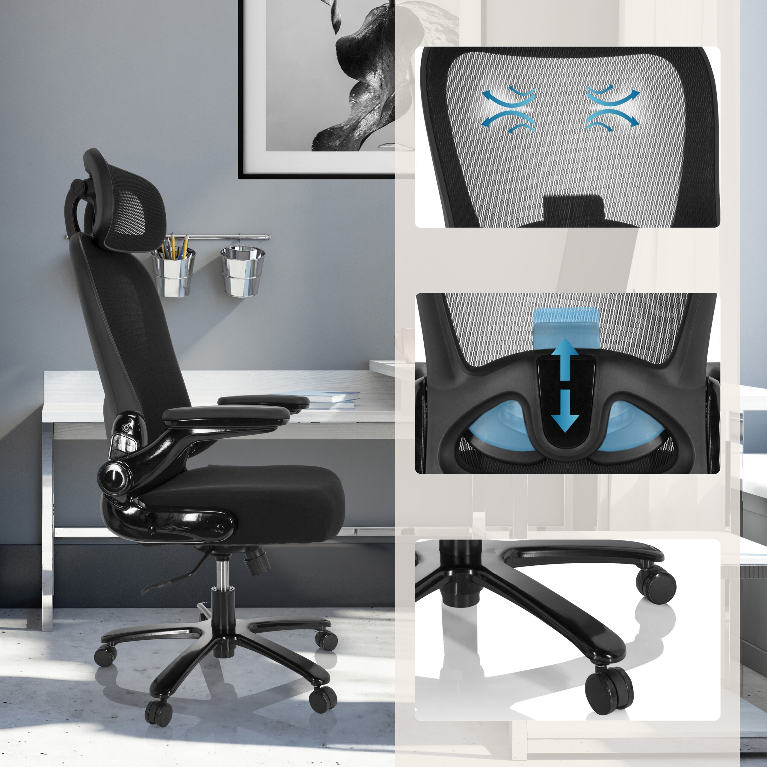 Schwarzer ergonomischer Buerostuhl mit Netzruecken, verstellbarer Lendenstuetze und Rollen, inklusive Detailaufnahmen.