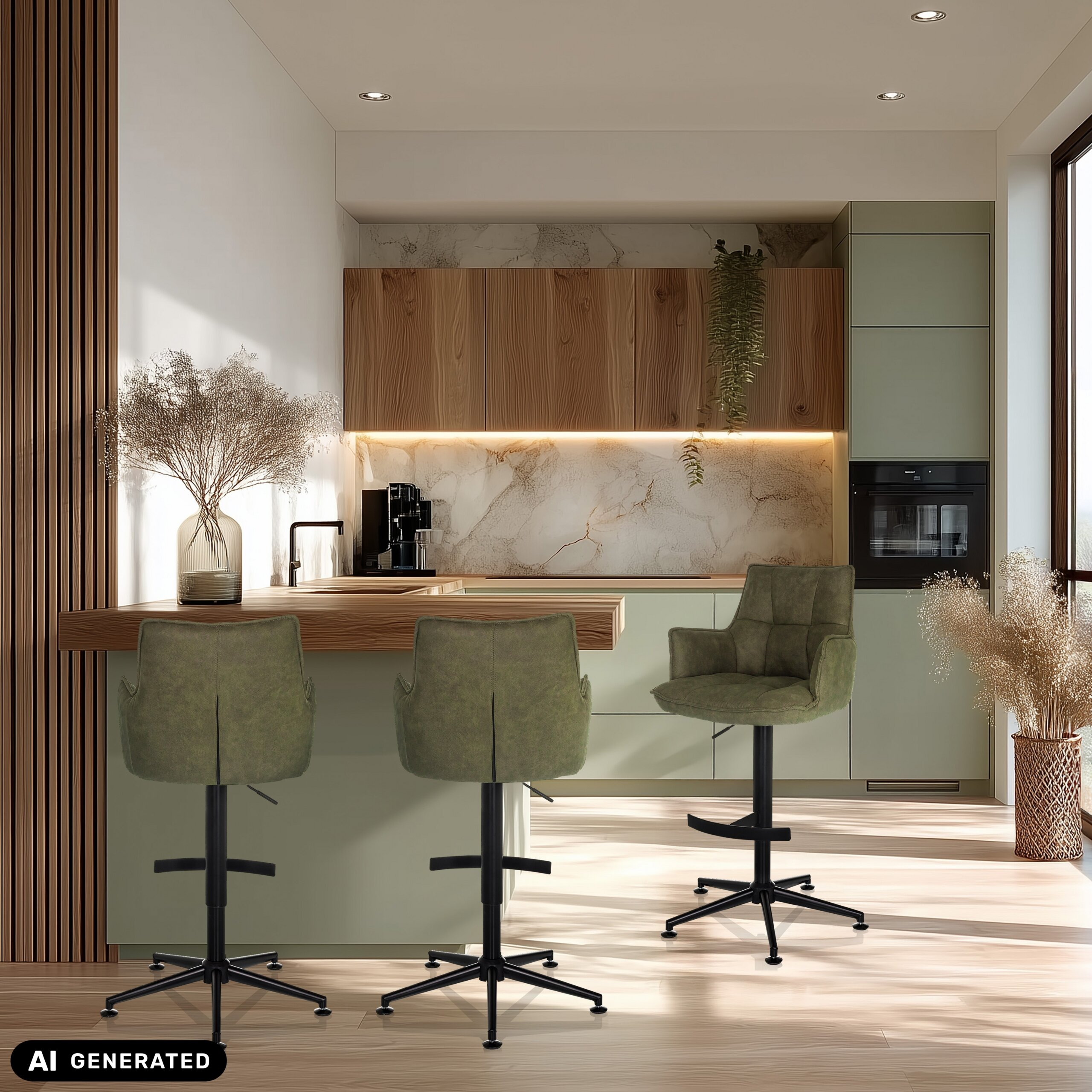 Moderne Küche mit Holztheke, drei grünen Barhockern, Marmorrückwand und integrierten Holz- und Oberschränken.