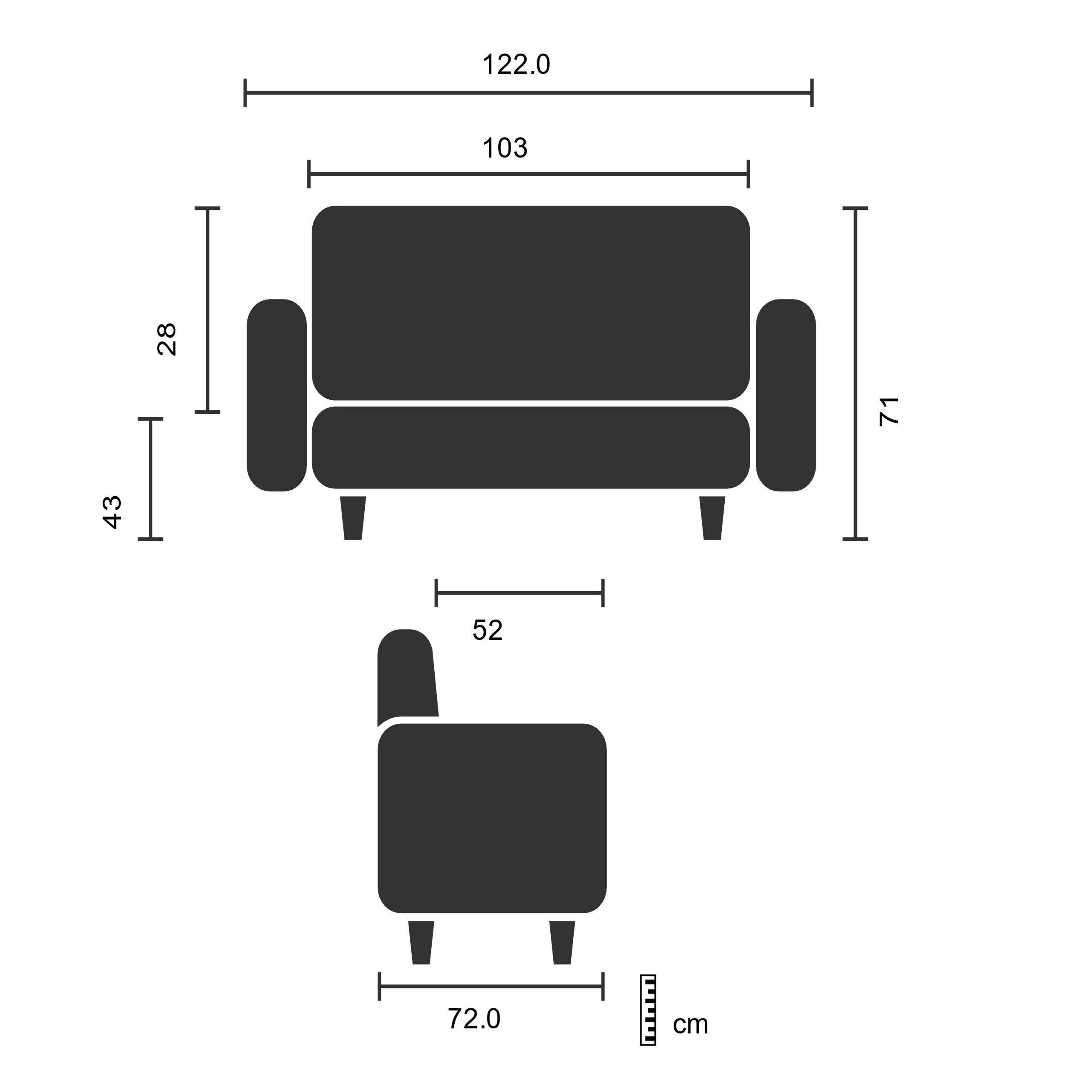 Technische Zeichnung eines Sofas mit Maßangaben in Zentimetern von vorne und der Seite.
