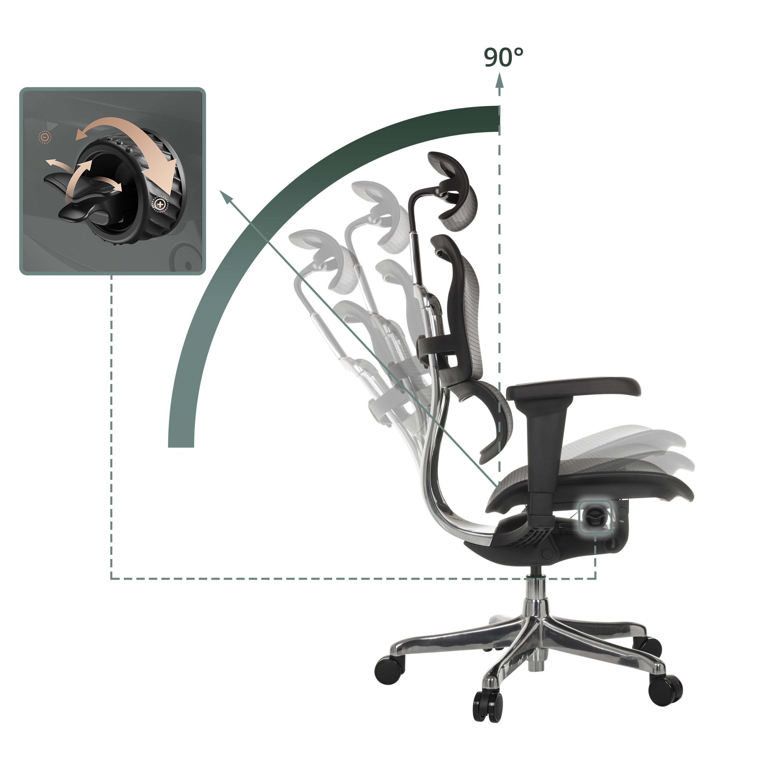 Diagramm zeigt die Neigungsverstellung eines schwarzen Buerostuhls mit einem Einstellrad.