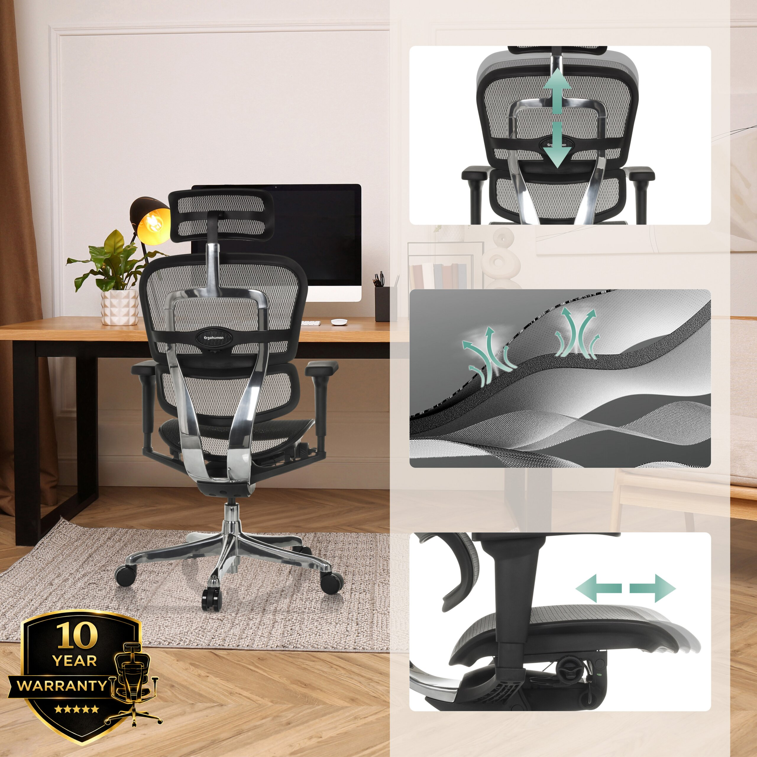 Ergonomischer schwarzer Buerostuhl mit verstellbaren Funktionen und 10 Jahren Garantie.