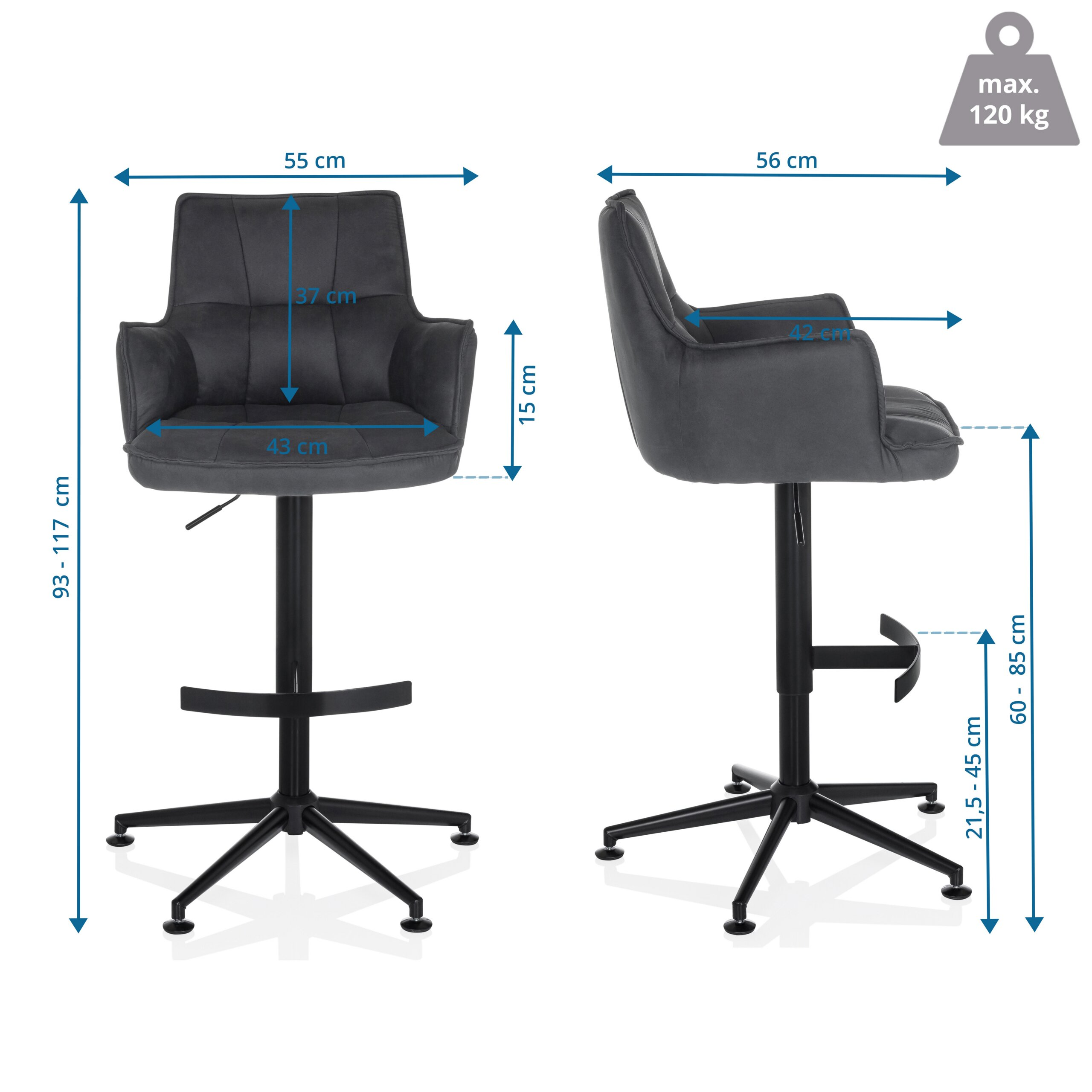 Diagramm zeigt Maße eines grauen Barstuhls mit schwarzem Metallgestell und 120 kg Gewichtslimit.