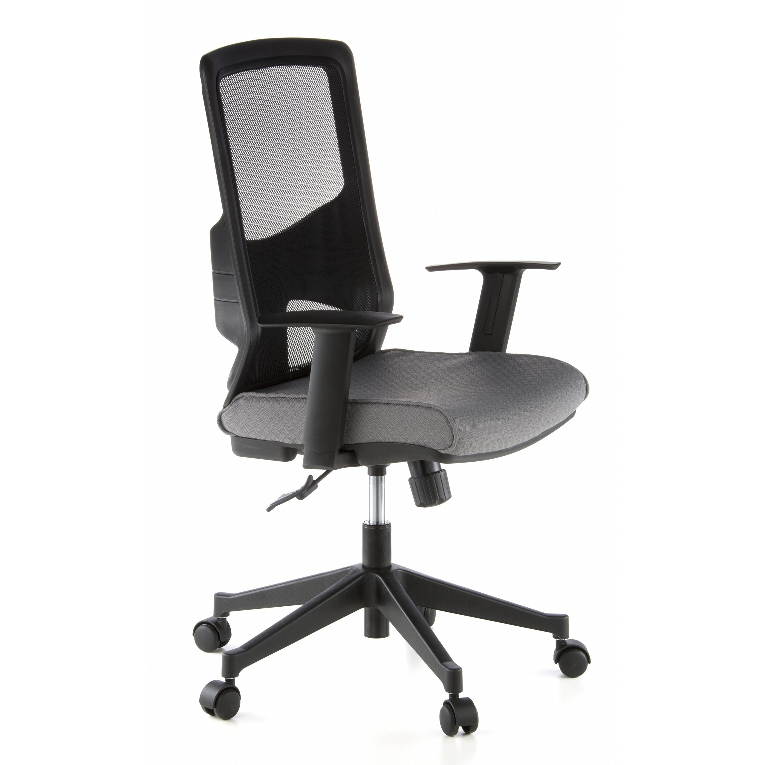 Moderner ergonomischer Buerostuhl mit schwarzem Netzruecken, grauem Sitz und Rollen auf weissem Hintergrund.
