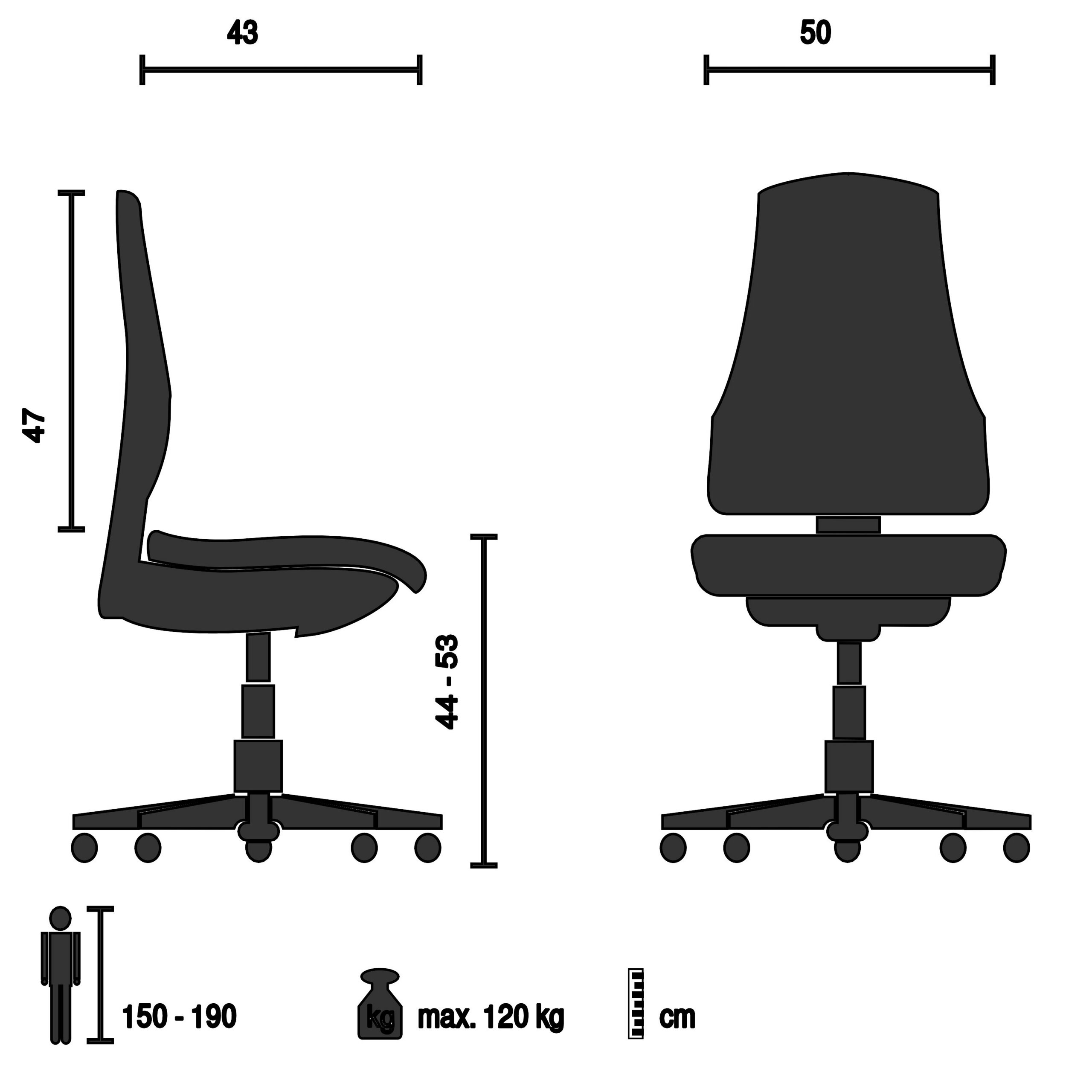 Technische Zeichnung eines schwarzen Bürostuhls mit Maßangaben in Zentimetern, für Personen von 150 bis 190 cm und max. 120 kg.