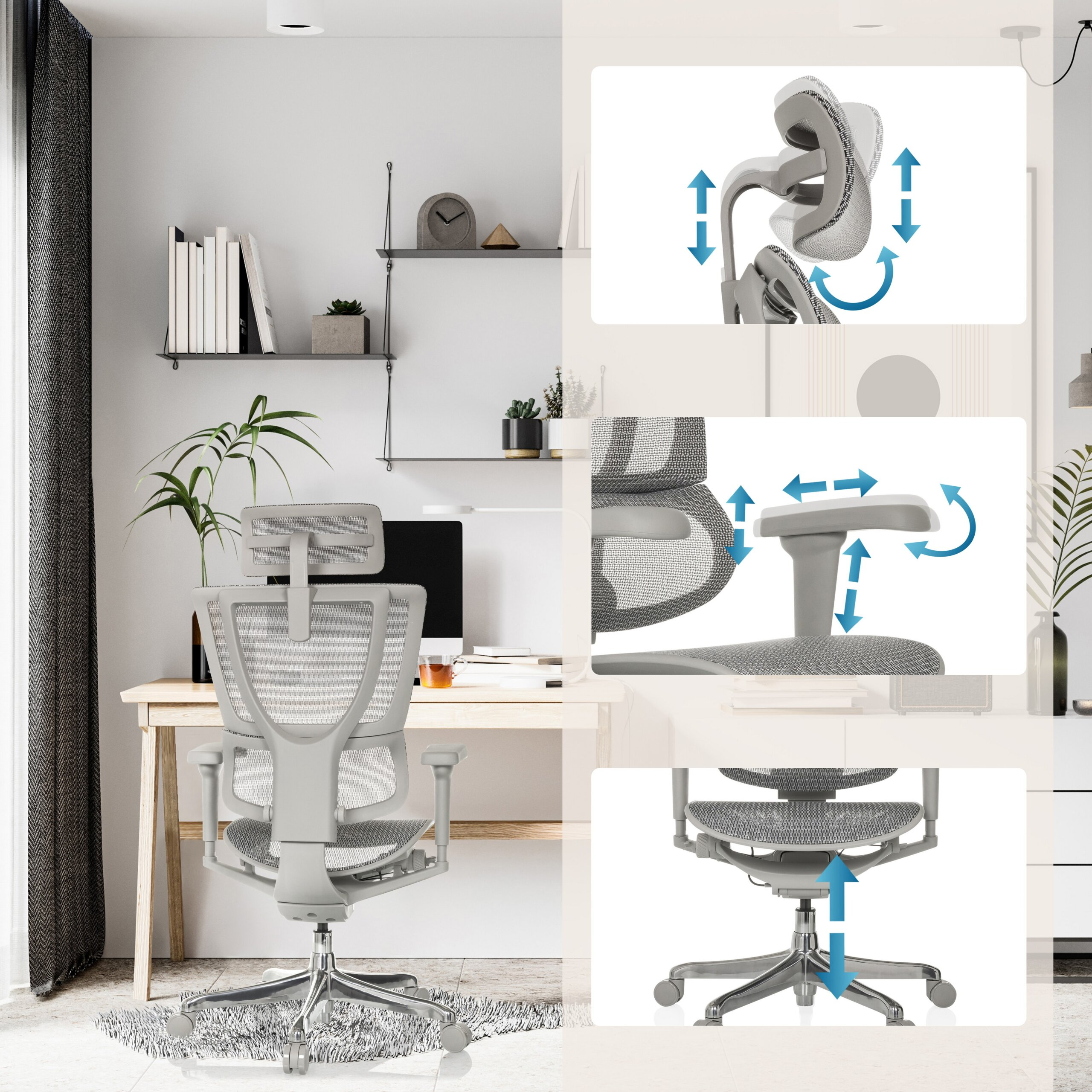 Grauer ergonomischer Buerostuhl mit verstellbarer Kopfstuetze, Armlehnen und Sitzhoehe in einem modernen Arbeitszimmer.