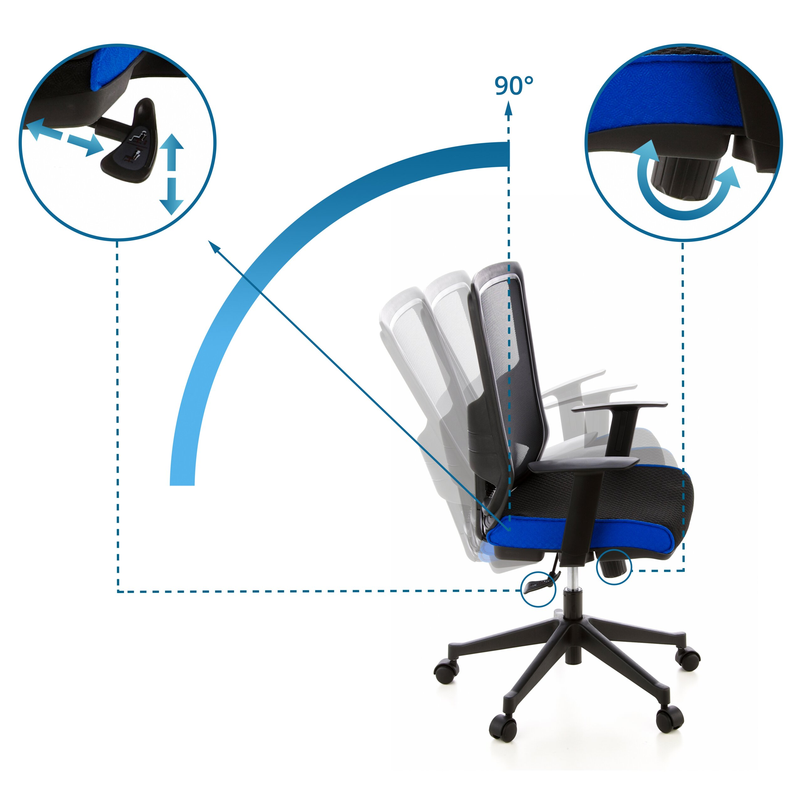 Bürostuhl mit verstellbarer Rückenlehne und Bedienungsanleitungen in Kreisen.