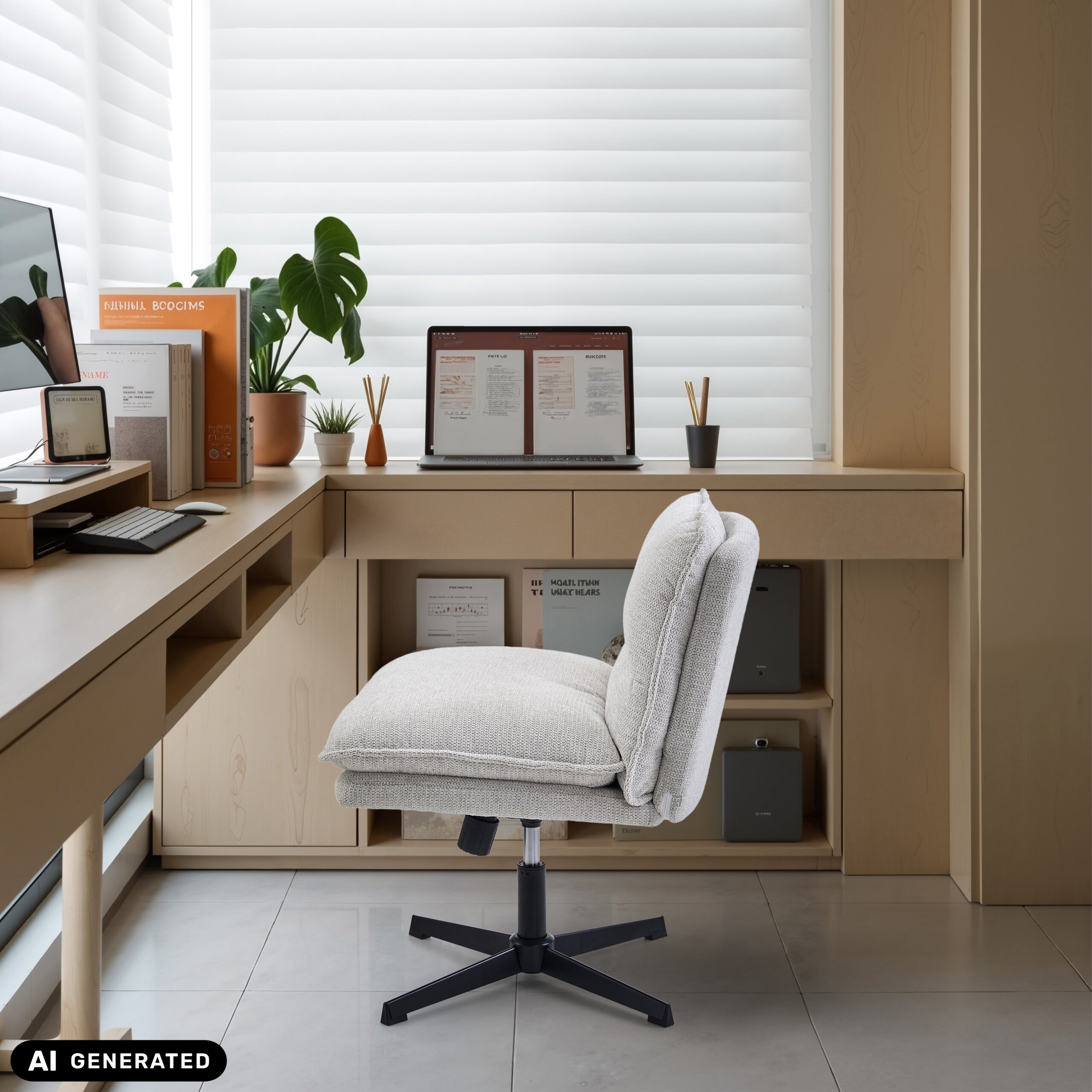 Ein modernes Büro mit Holztisch, offenem Laptop, Pflanzen und einem hellgrauen Bürostuhl auf Fliesenboden.