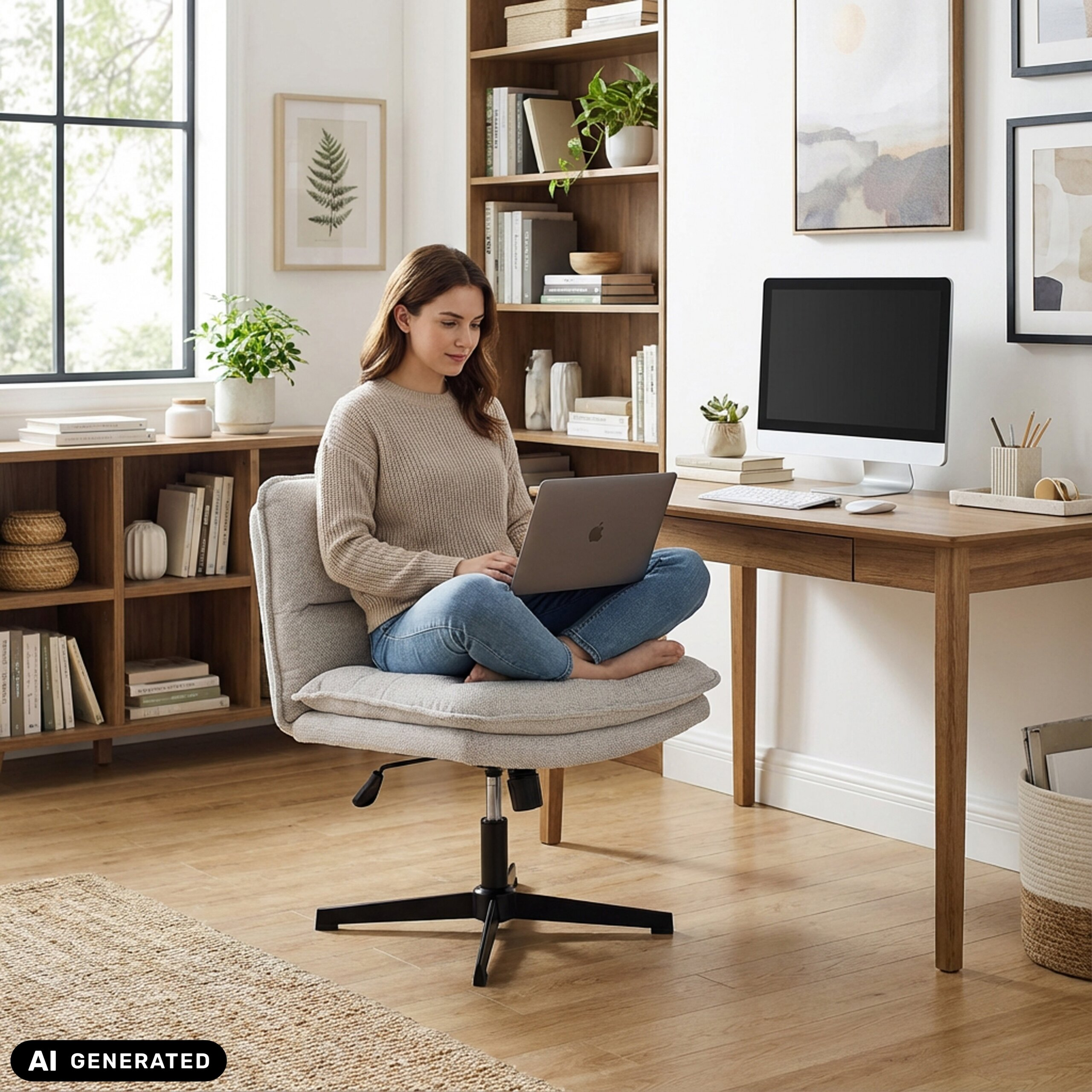 Frau sitzt im Schneidersitz auf einem Stuhl und arbeitet am Laptop in einem hellen Büro.