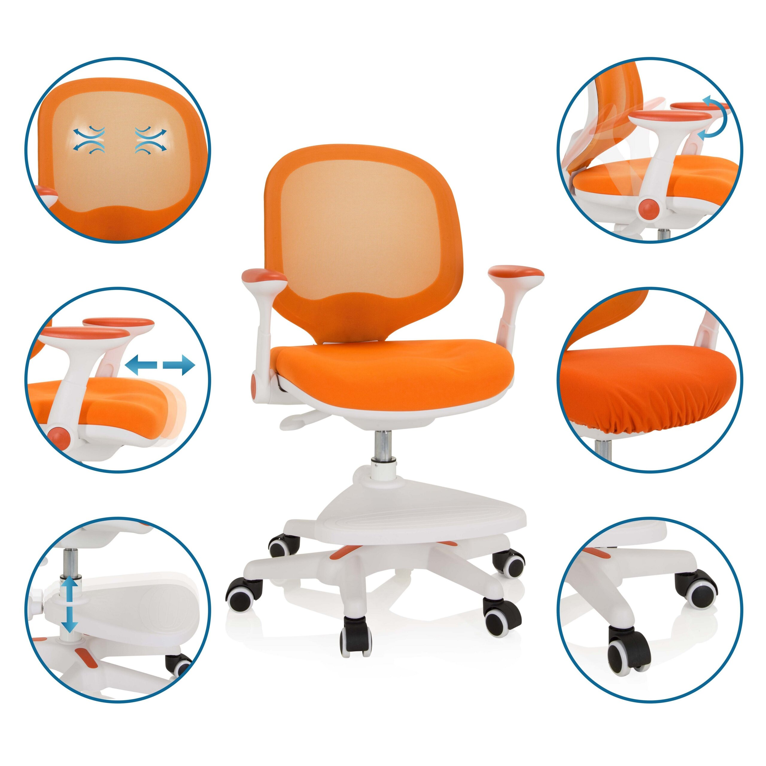 Oranger ergonomischer Kinderstuhl mit weißem Fußkreuz und Detailansichten der Verstellfunktionen.