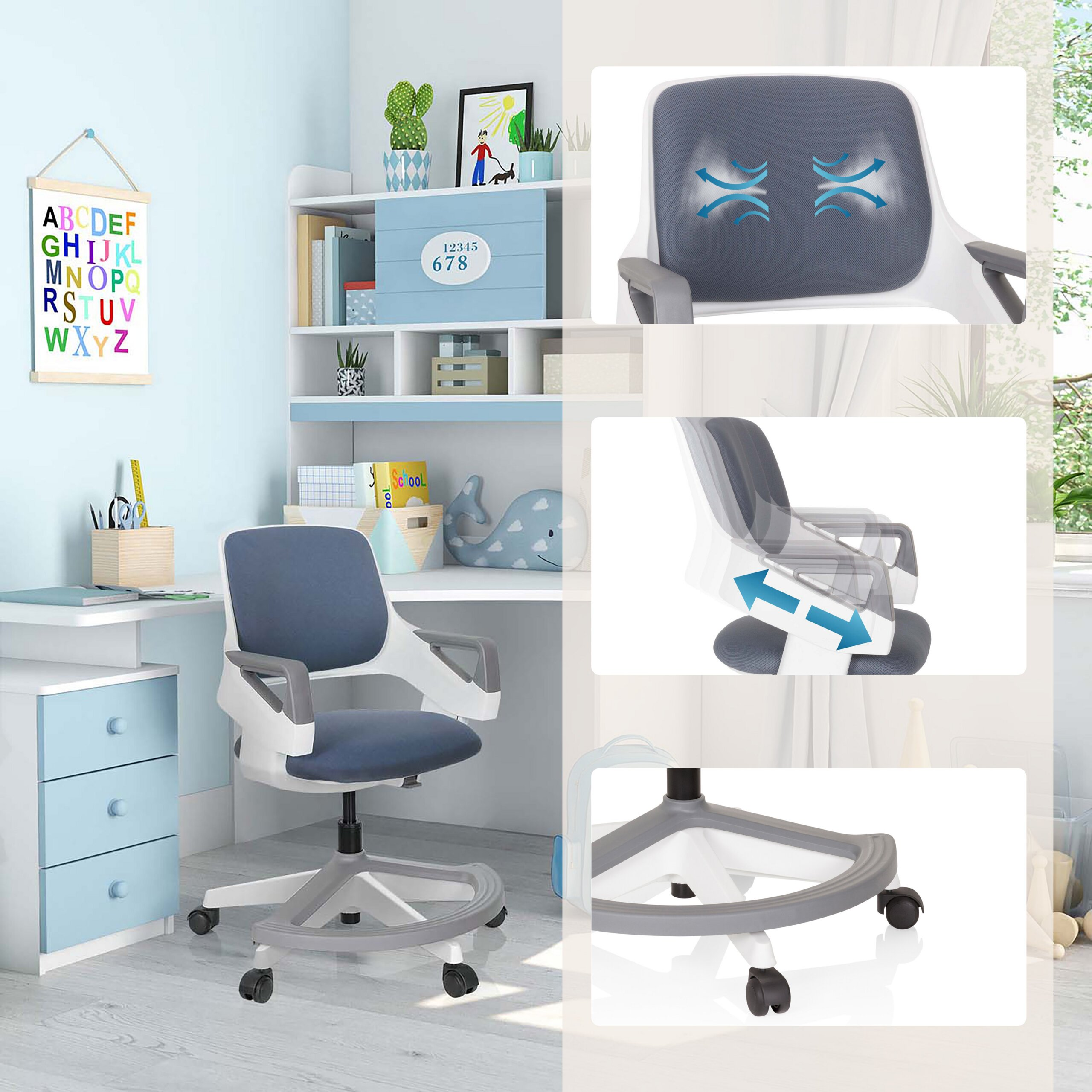 Ergonomischer Kinderstuhl in blau-weißer Optik mit Verstellbarkeit und Rollen.