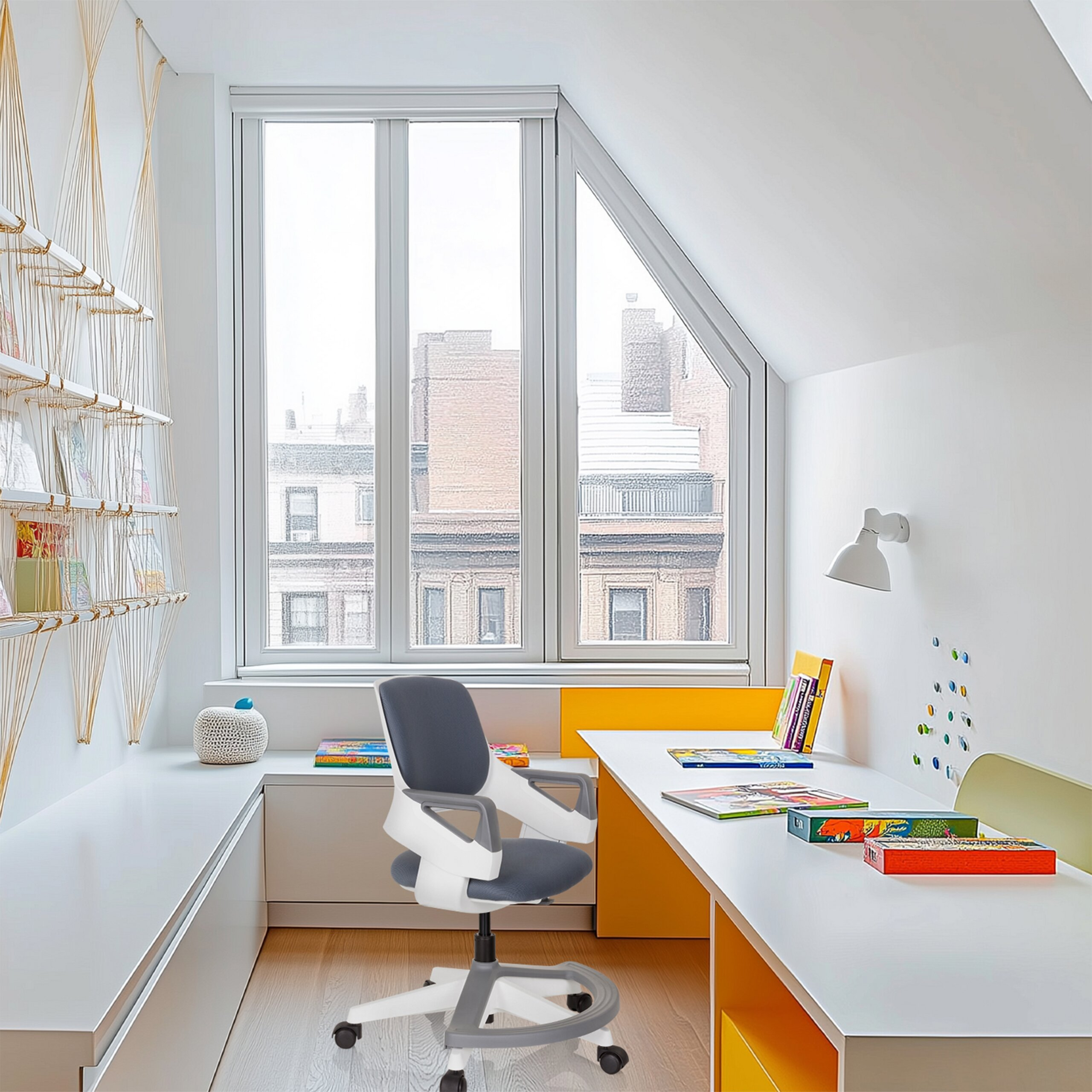 Helles Arbeitszimmer mit weißem Schreibtisch, grauem Stuhl, Hängeregalen und großem Fenster mit Stadtblick.
