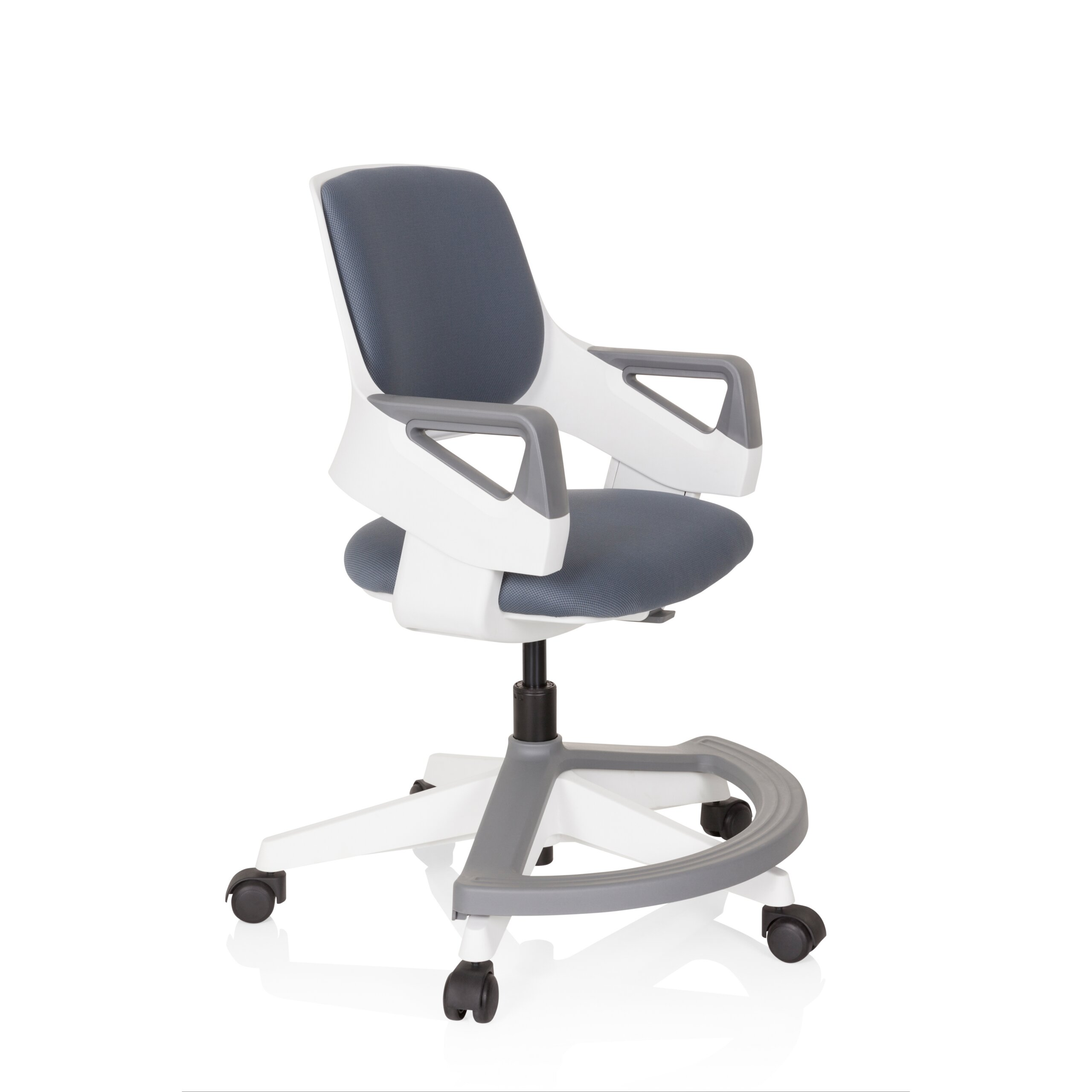 Moderner ergonomischer Drehstuhl in Weiß und Grau mit Rollen und Fußstütze auf weißem Hintergrund.