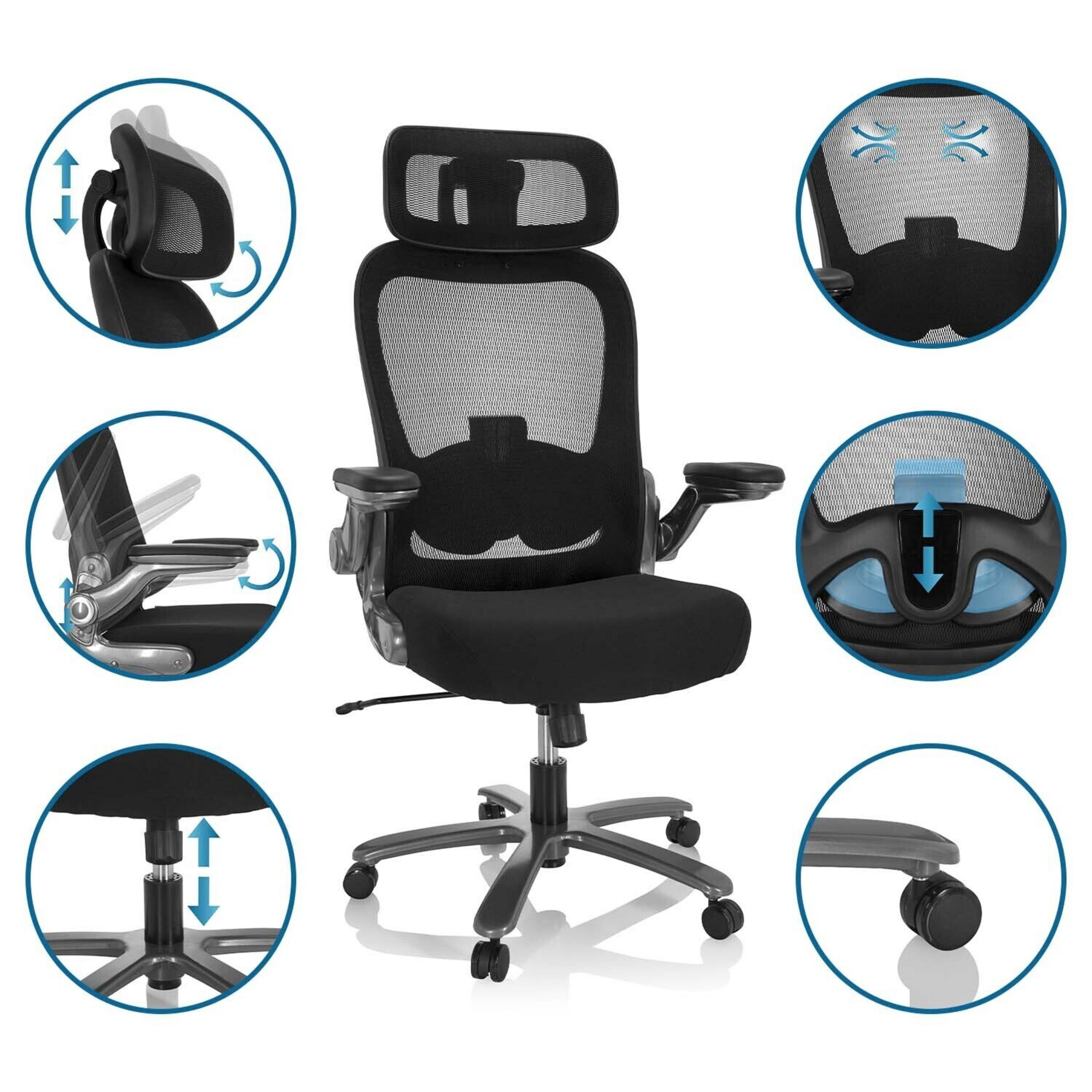 Schwarzer ergonomischer Bürostuhl mit Mesh-Rückenlehne und Funktionsdetails in runden Ausschnitten.