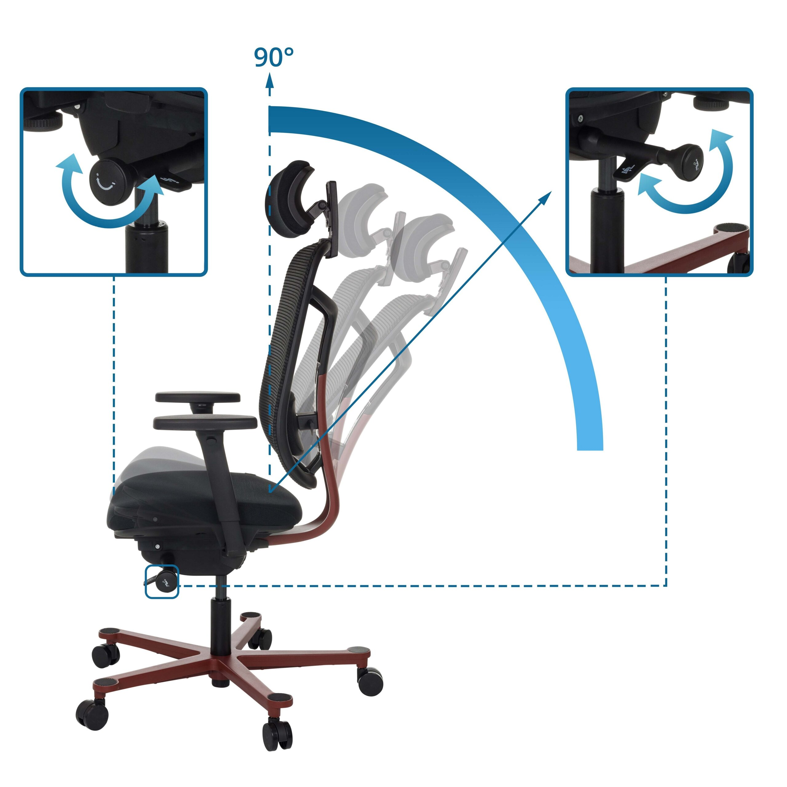 Diagramm zeigt die Verstellbarkeit der Rückenlehne und Bedienhebel eines ergonomischen Bürostuhls.