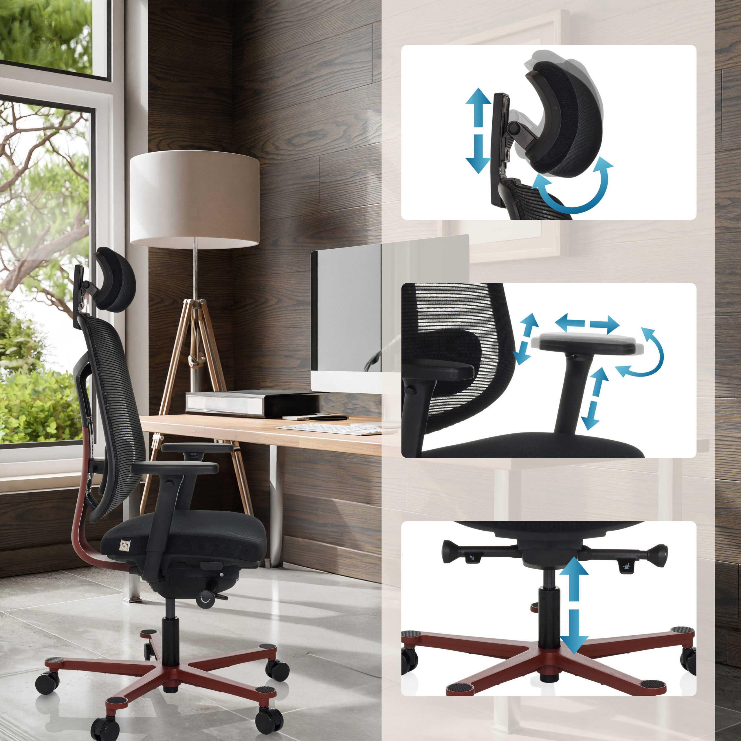 Bürostuhl in einem Arbeitszimmer mit Insets, die verstellbare Kopfstütze, Armlehnen und Sitzhöhe zeigen.