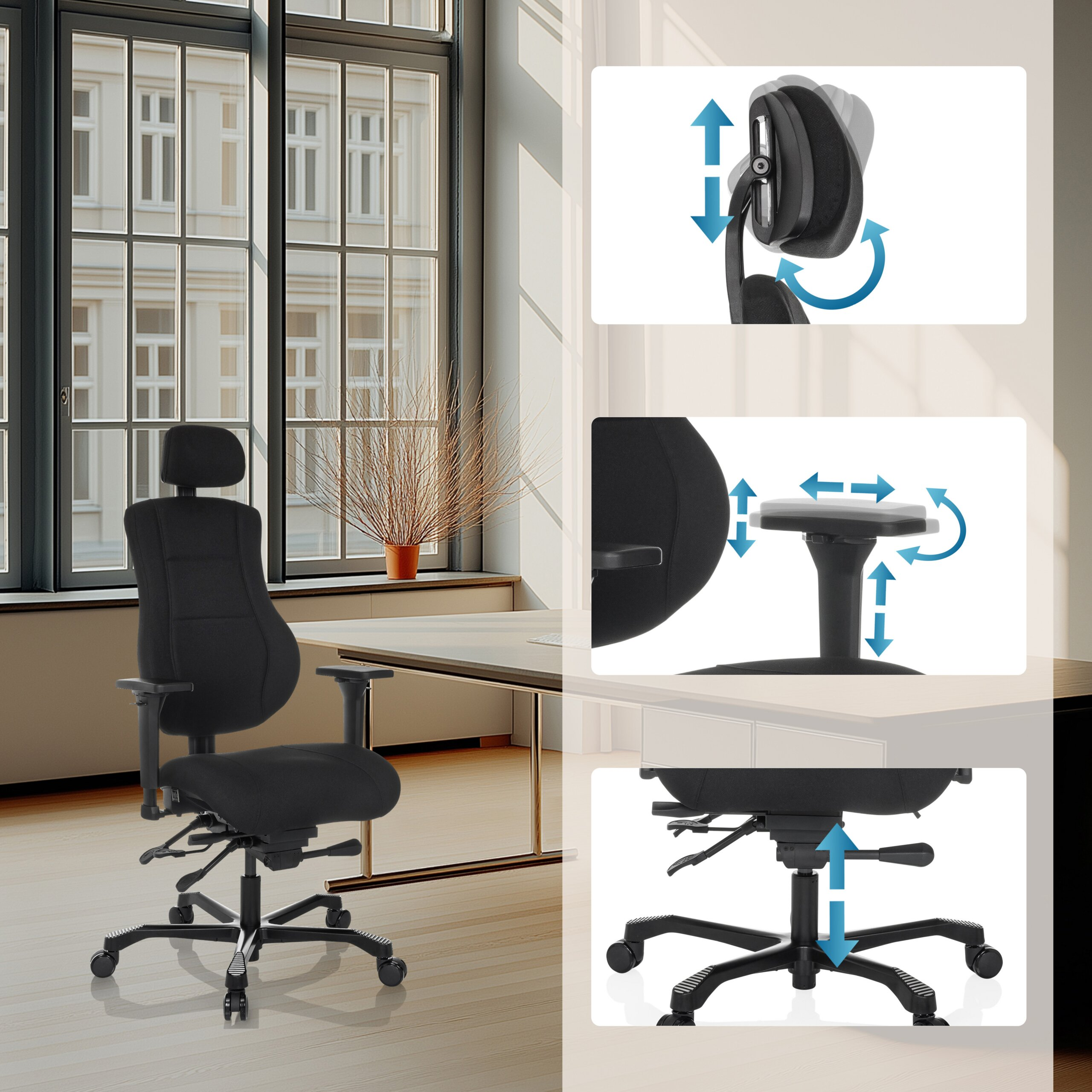 Schwarzer ergonomischer Buerostuhl in modernem Raum mit Insets, die Verstellbarkeit von Kopfstütze, Armlehne und Sitz zeigen.
