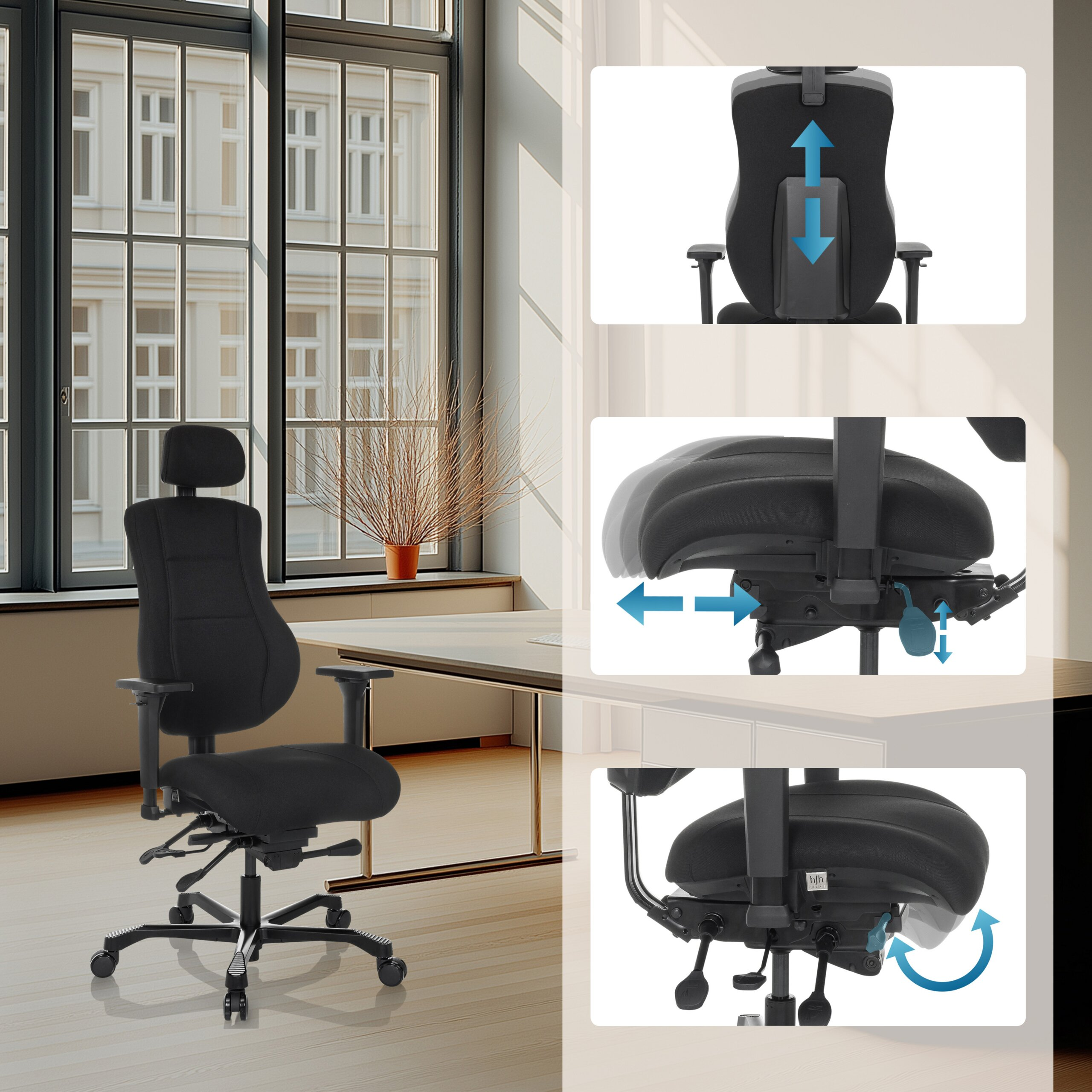 Ein schwarzer Bürostuhl steht in einem Büro, mit Diagrammen zu verstellbarer Rückenlehne und Sitztiefe.