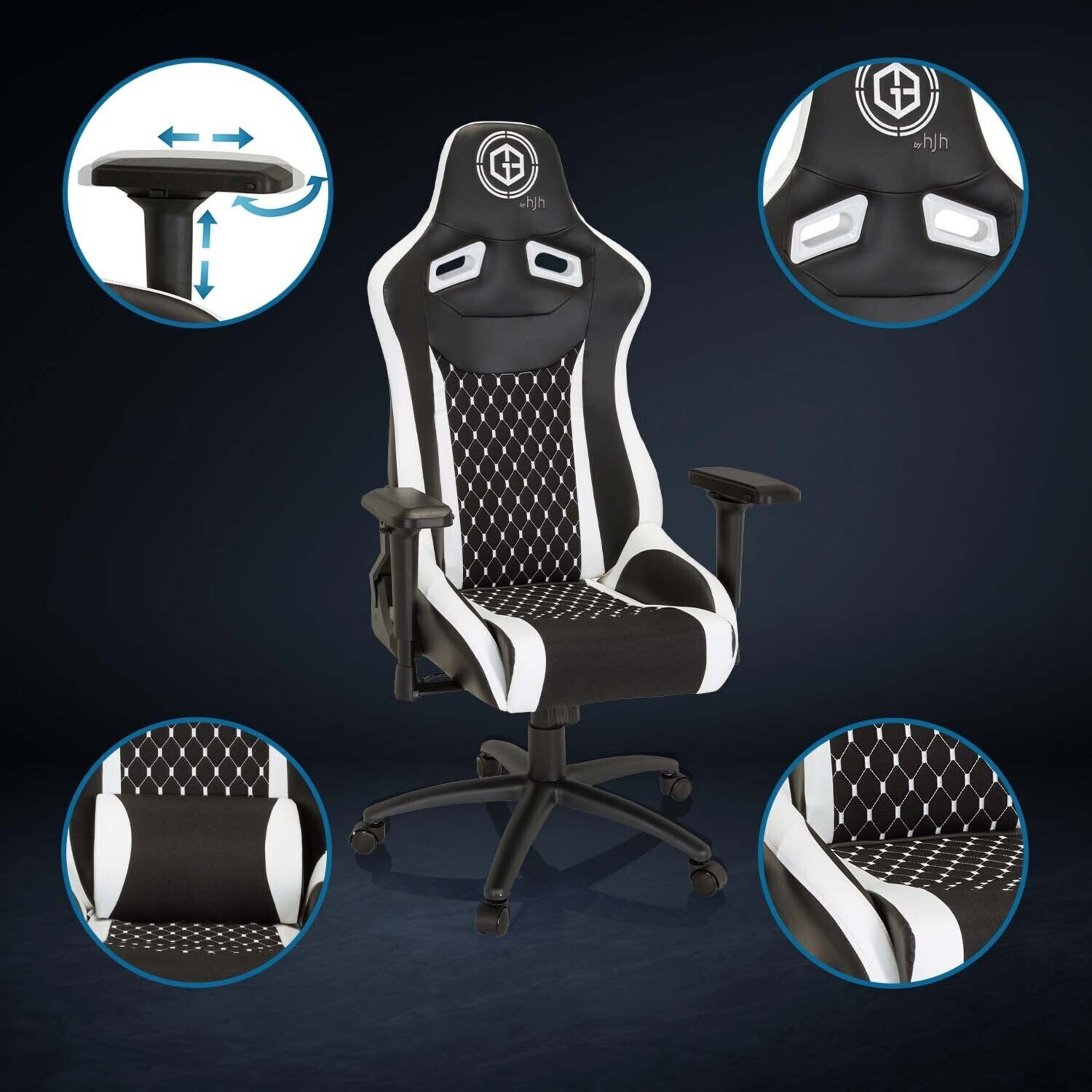 Schwarz-weißer Gaming-Stuhl mit Rautenmuster, verstellbaren Armlehnen und Kissen im Fokus.