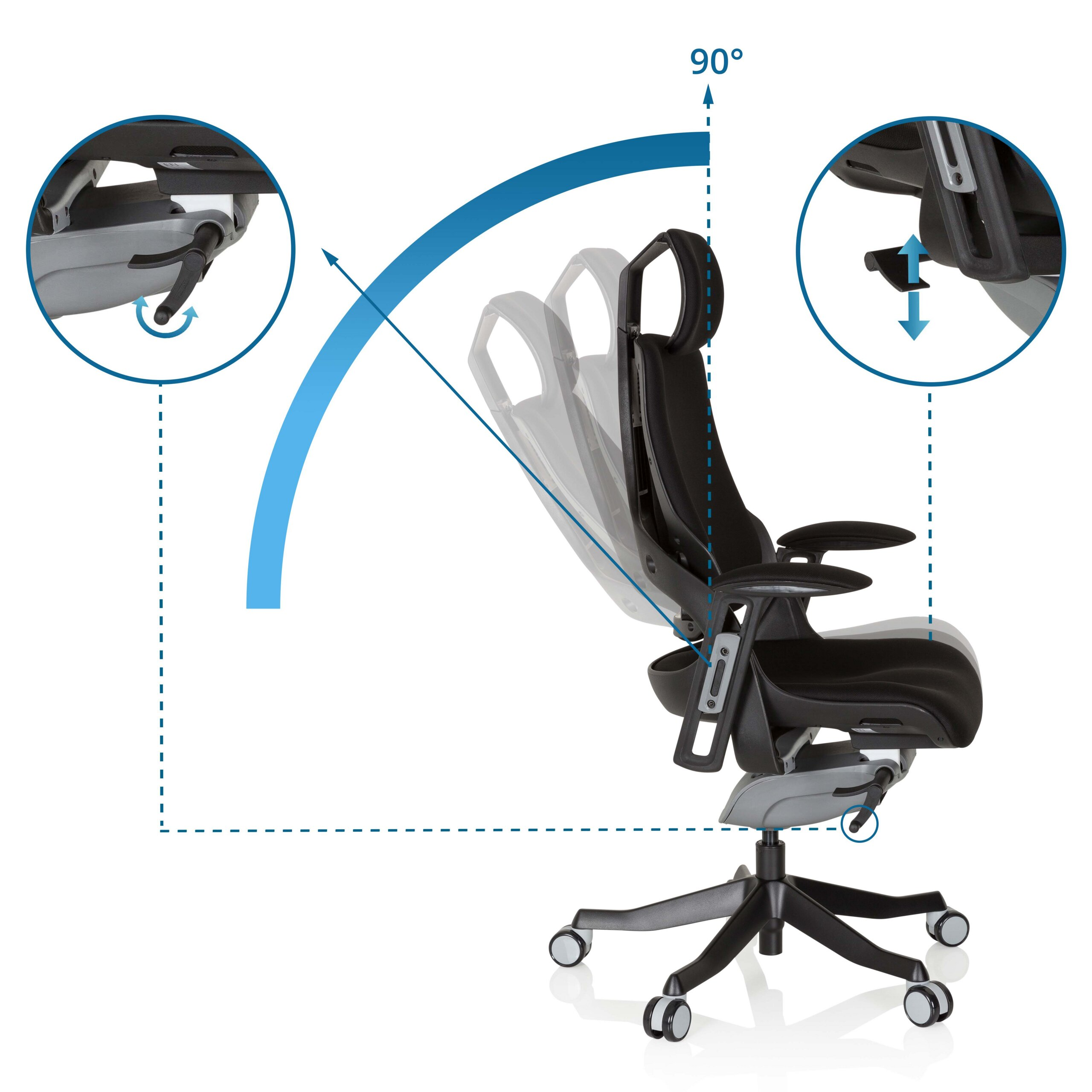 Diagramm zeigt die Neigungsverstellung eines schwarzen ergonomischen Buerostuhls mit Detailansichten.