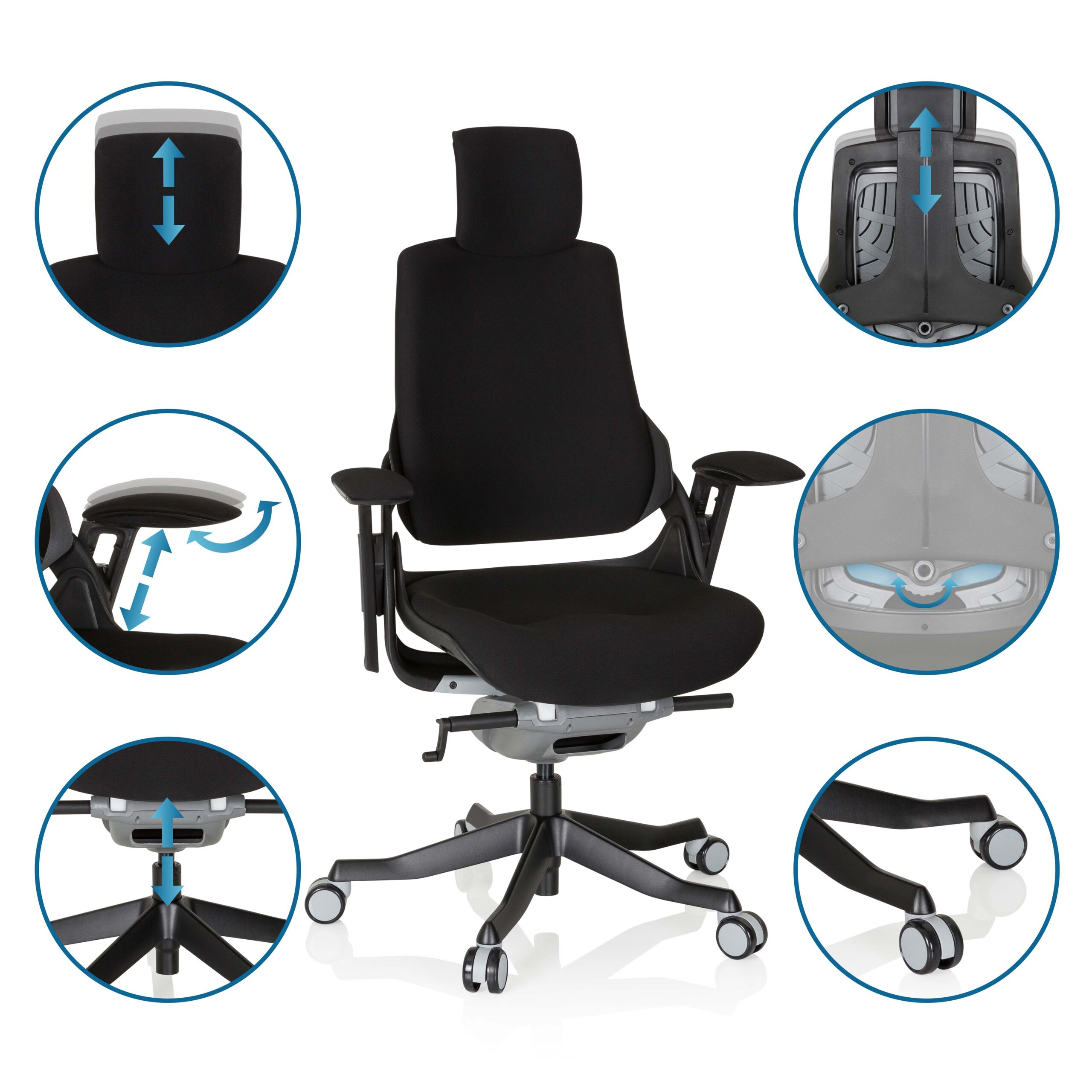 Schwarzer ergonomischer Buerostuhl mit Kopfstuetze, Rollen und Detailansichten einzelner Einstellungsmoeglichkeiten.