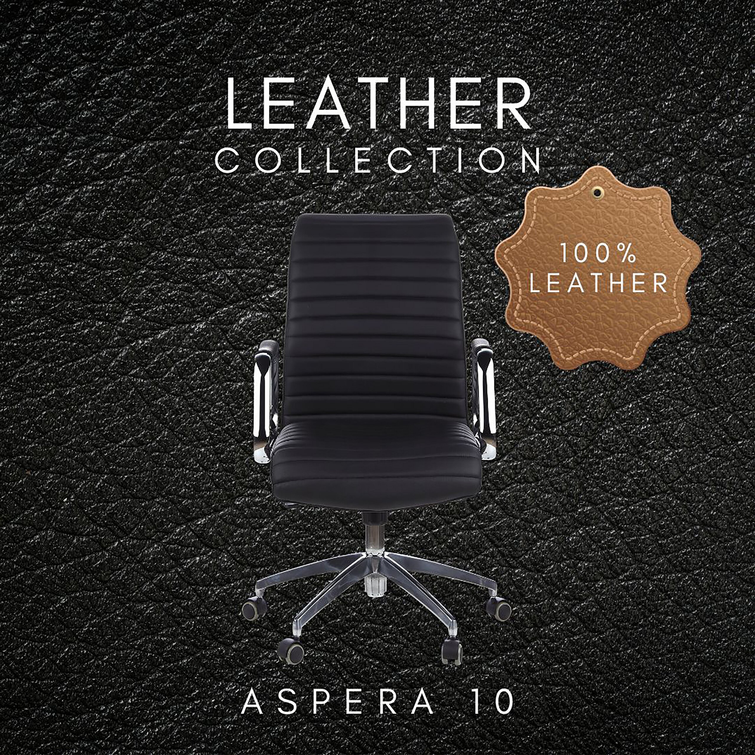 Schwarzer Leder-Bürostuhl auf strukturiertem schwarzem Hintergrund mit 100% Leder Etikett und Aufschrift Leder Collection.
