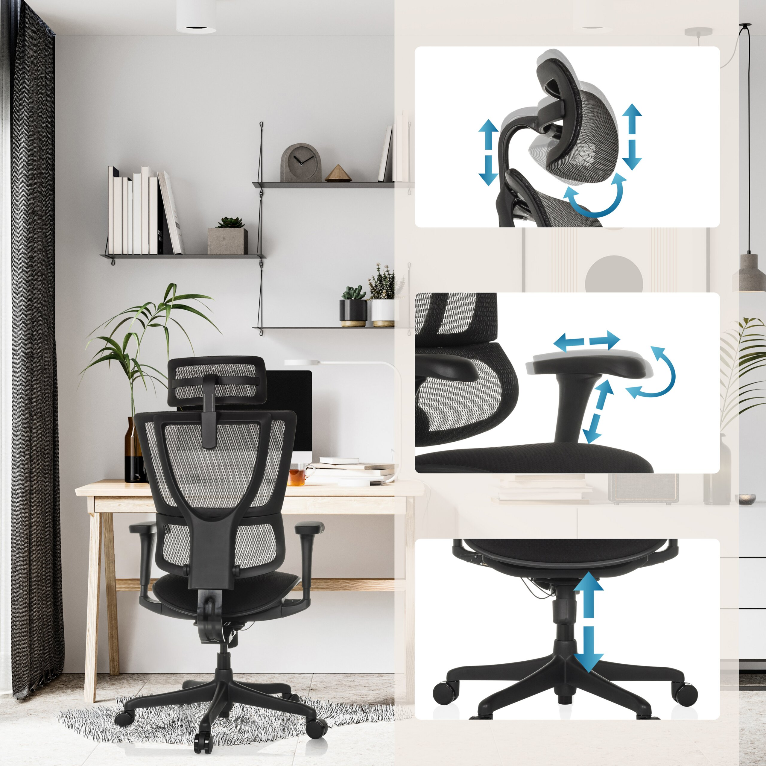 Bürostuhl mit verstellbarer Kopfstütze, Armlehnen und Sitzhöhe in einem modernen Arbeitszimmer.