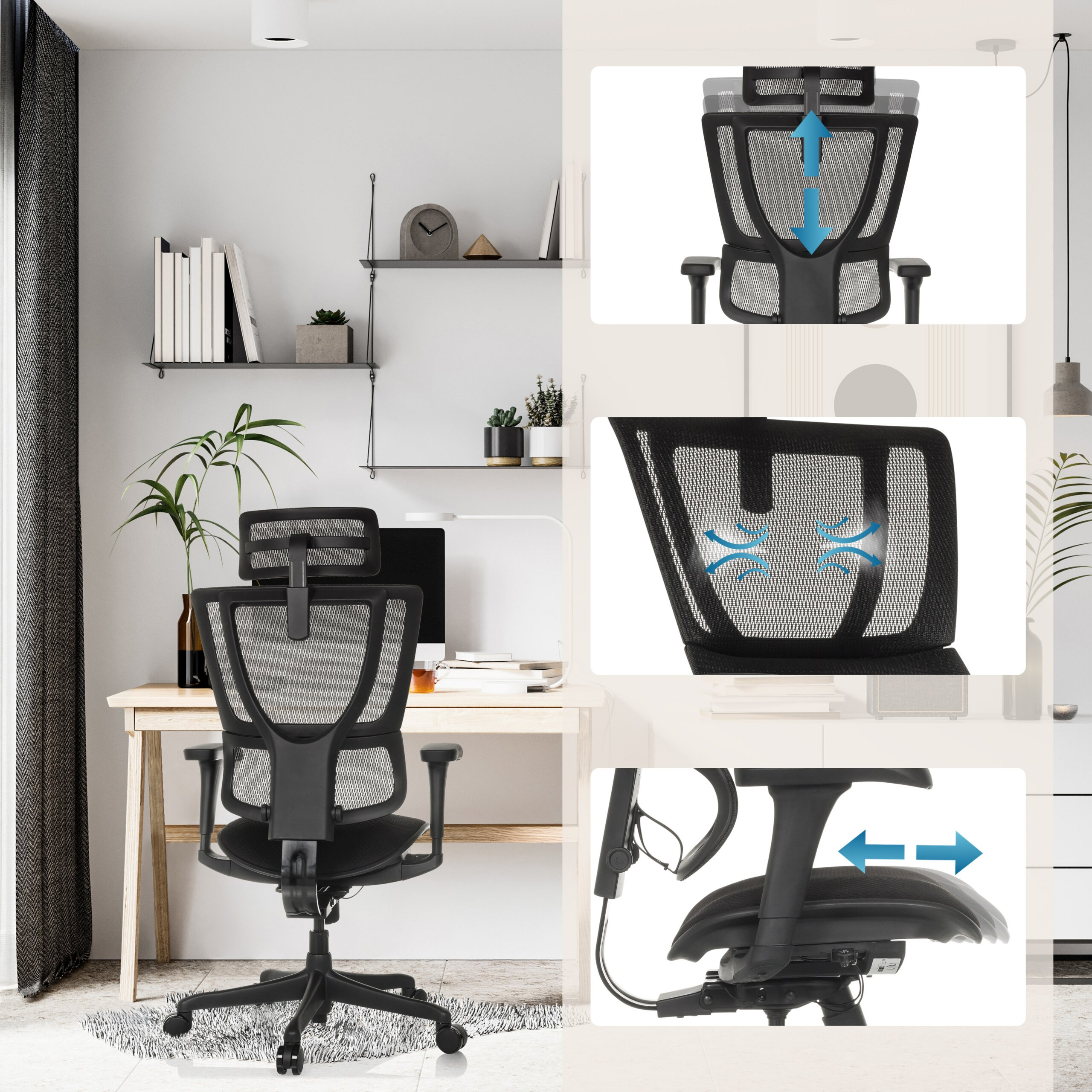 Ergonomischer schwarzer Buerostuhl mit verstellbarer hoehe und lendenstuetze in einem modernen buero.