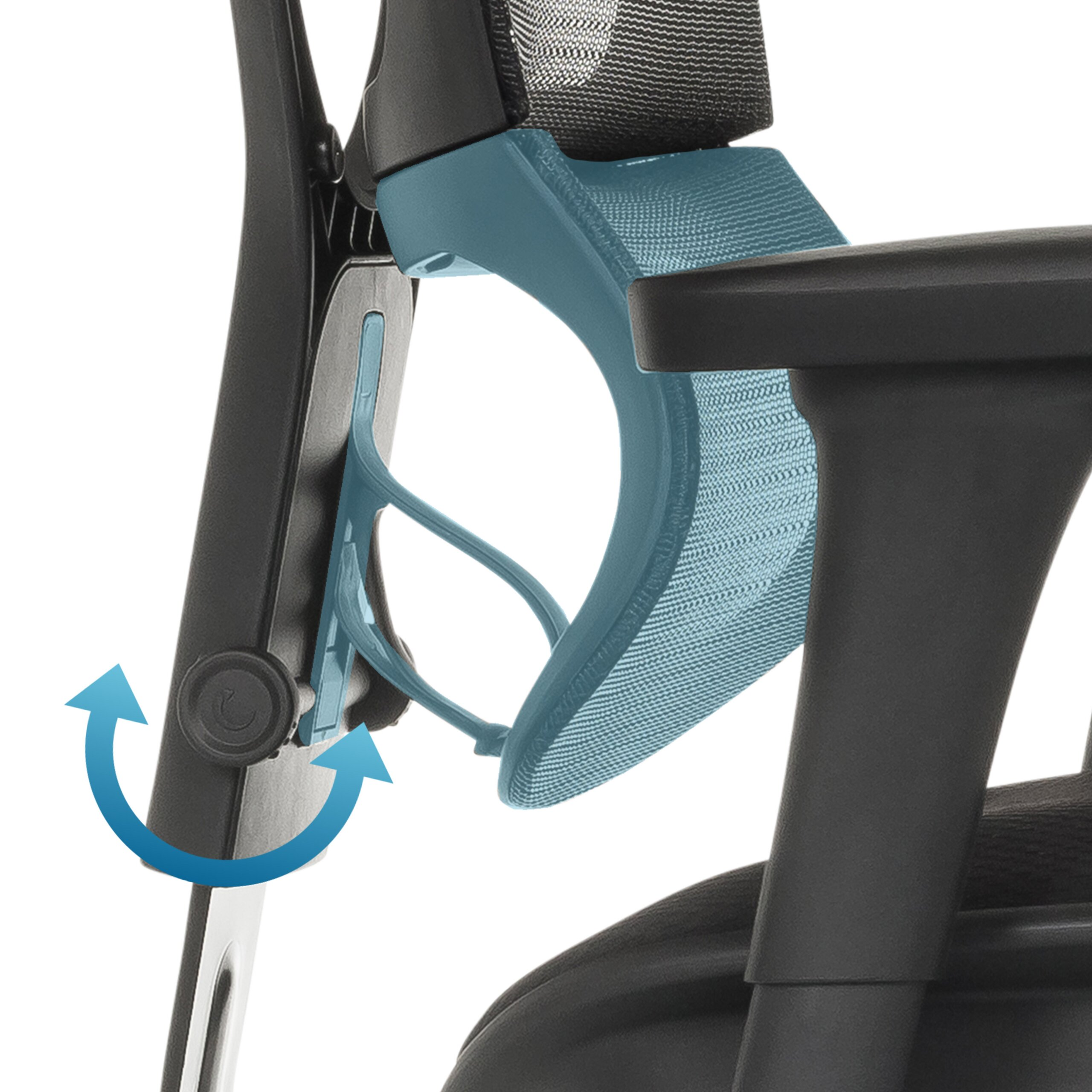 Nahaufnahme einer ergonomischen blauen Lordosenstütze an einem schwarzen Bürostuhl mit einem blauen Richtungspfeil.