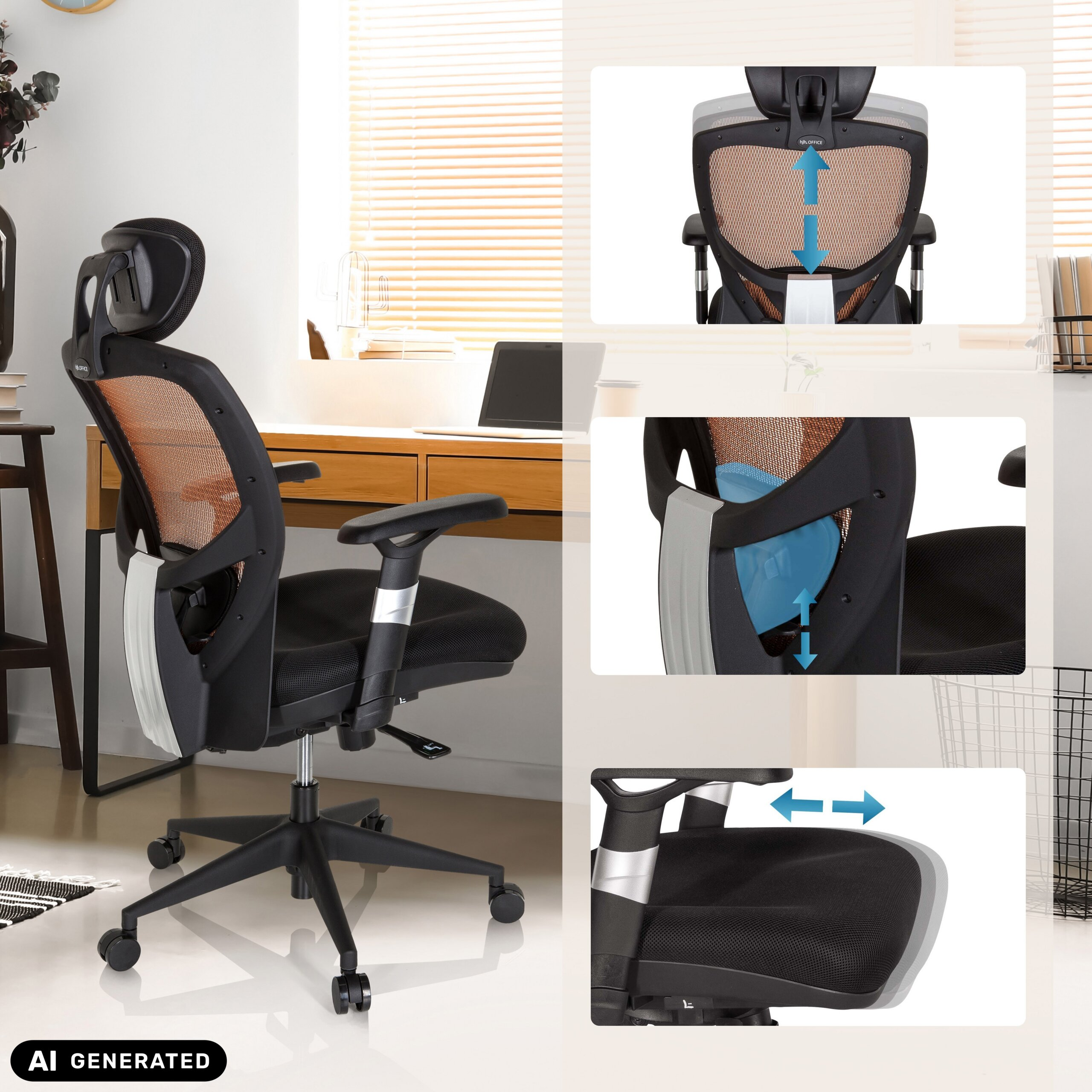 Ein ergonomischer Bürostuhl mit verstellbarer Rückenlehne, Lendenwirbelstütze und Sitztiefe in einem Büro.