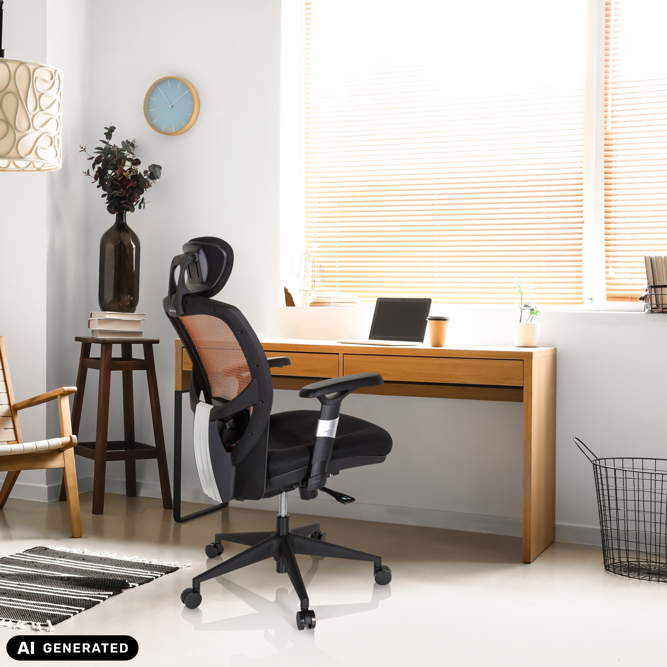Ein modernes Homeoffice mit schwarzem Netz-Bürostuhl, Holztisch mit Laptop und Fenster mit Jalousien.