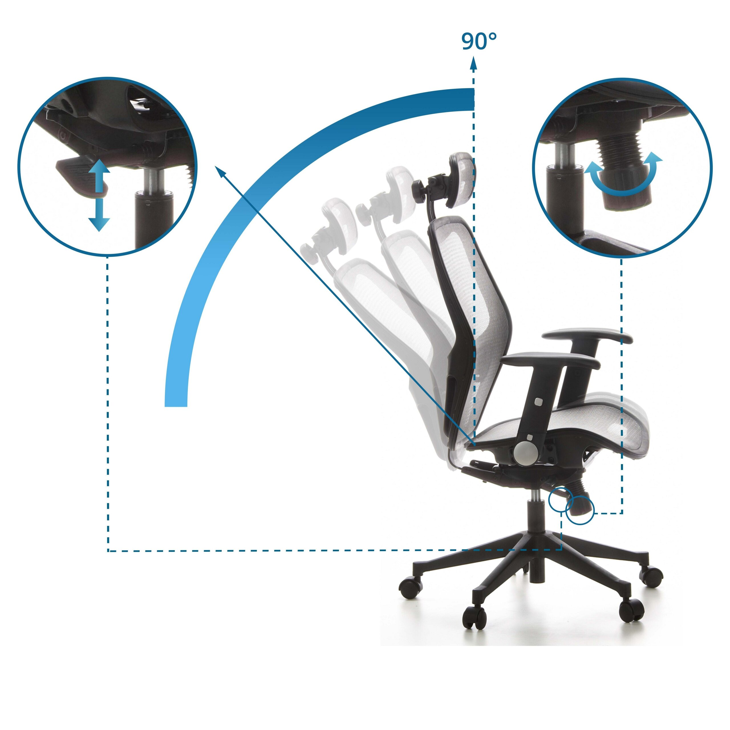 Diagramm zeigt Bürostuhl mit einstellbarer Neigung, Höhe und Gegendruck.