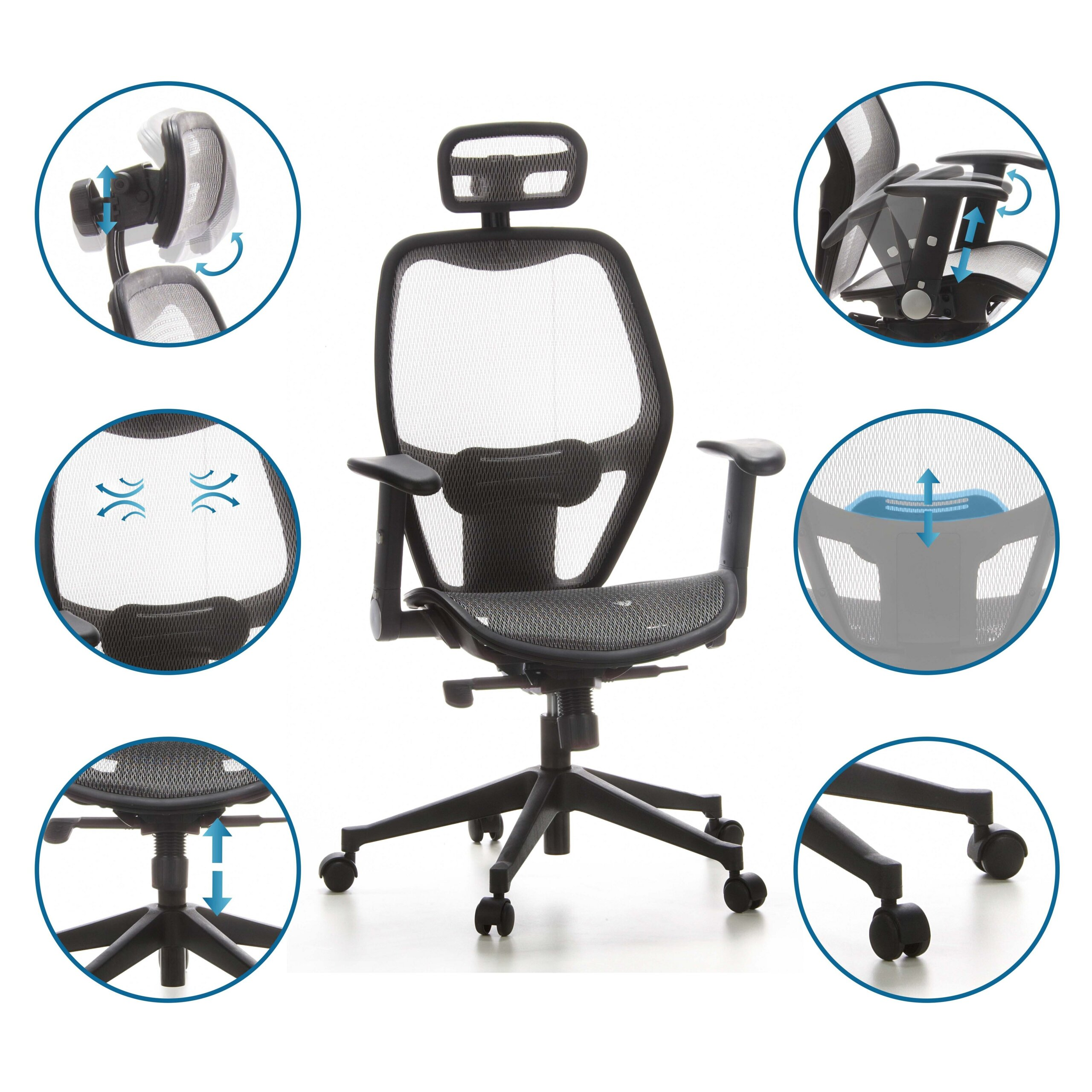 Ein schwarzer ergonomischer Buerostuhl mit Netzgewebe, Rollen und Detailbildern seiner verstellbaren Funktionen.