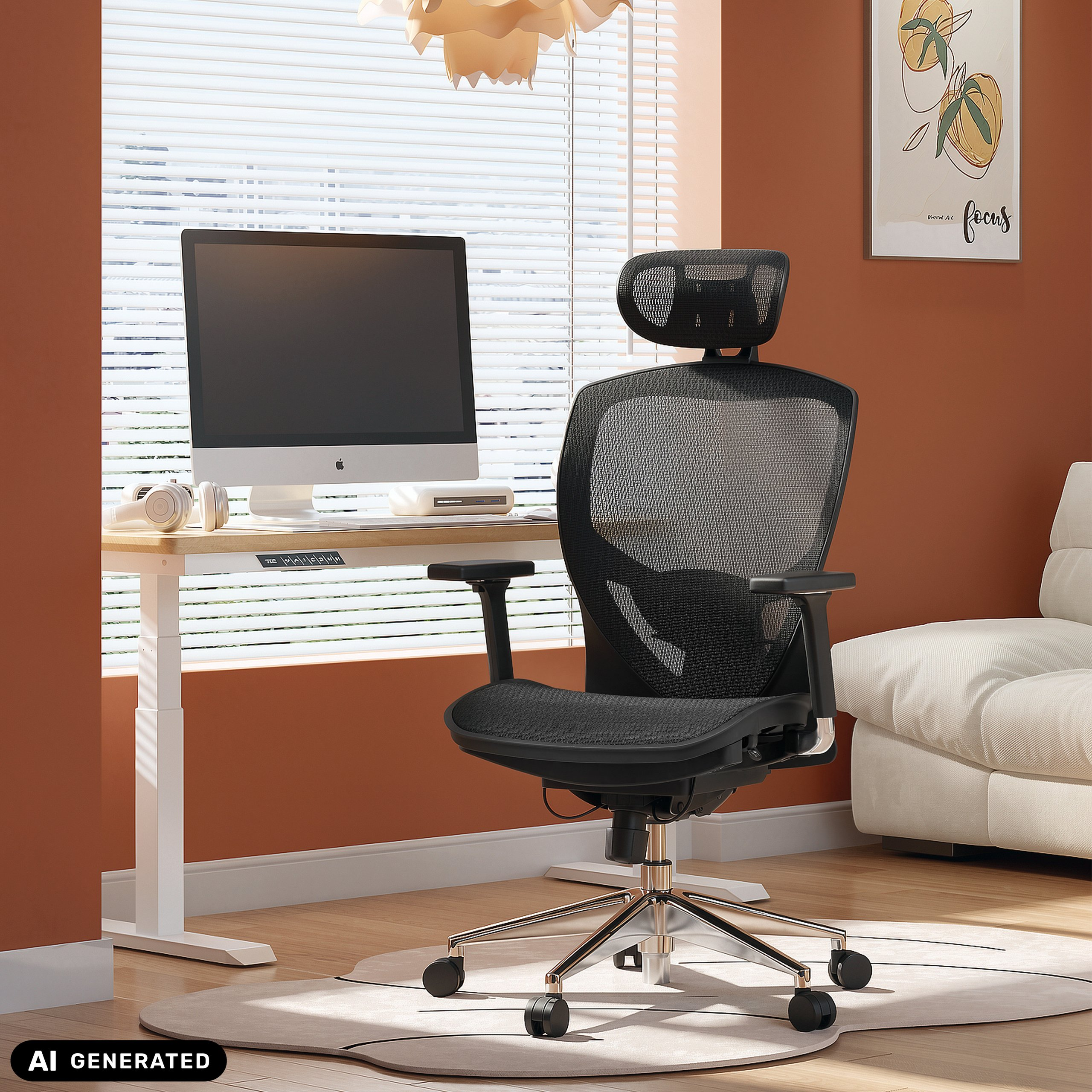 Ein schwarzer Netzbürostuhl steht in einem Zimmer mit Stehpult, Jalousien und weißem Sofa.