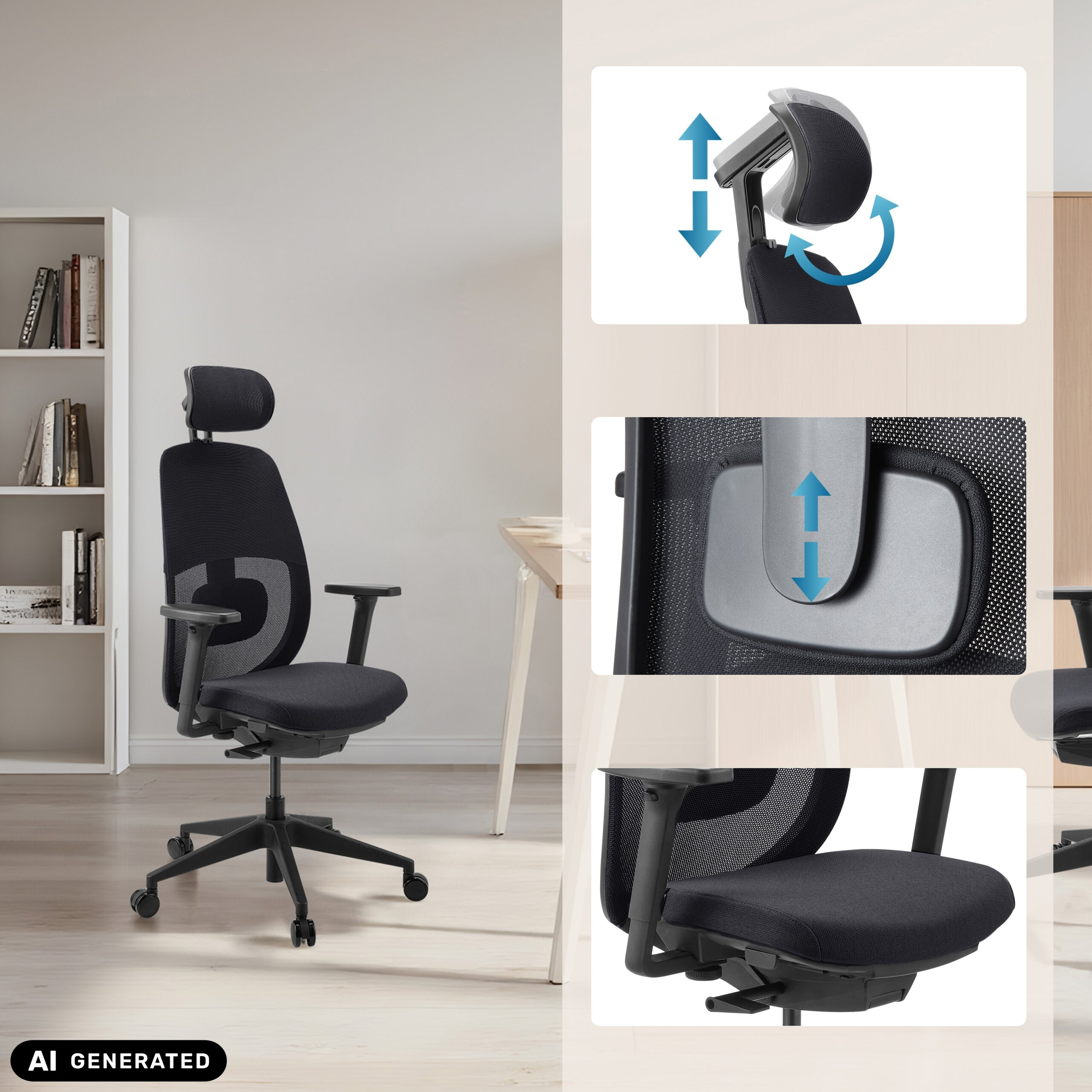 Ergonomischer schwarzer Bürostuhl mit verstellbarer Kopfstütze, Lendenwirbelstütze und Sitz.