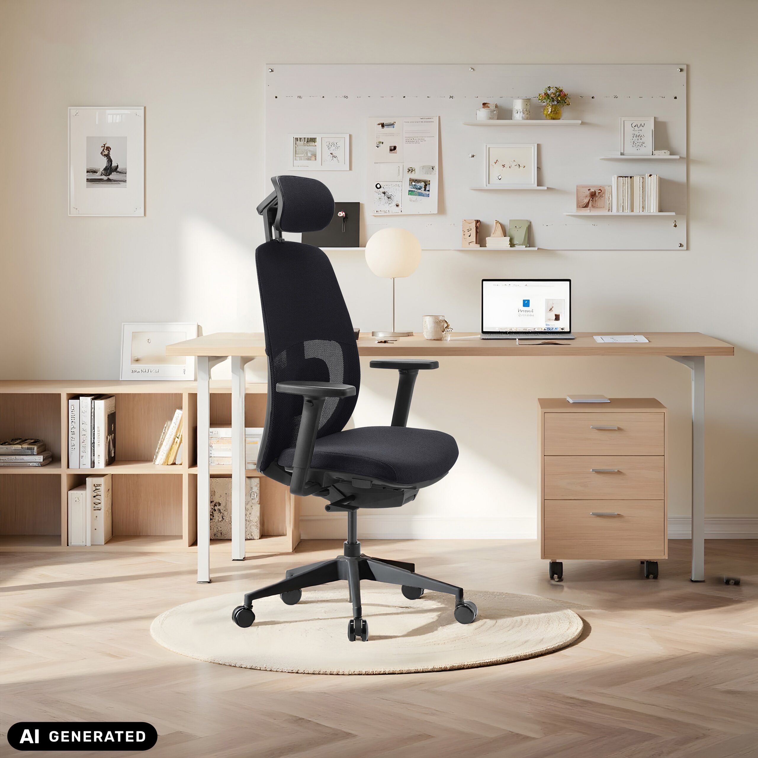 Ein schwarzer ergonomischer Bürostuhl steht vor einem Holztisch mit Laptop, Lampe und Wandregalen.