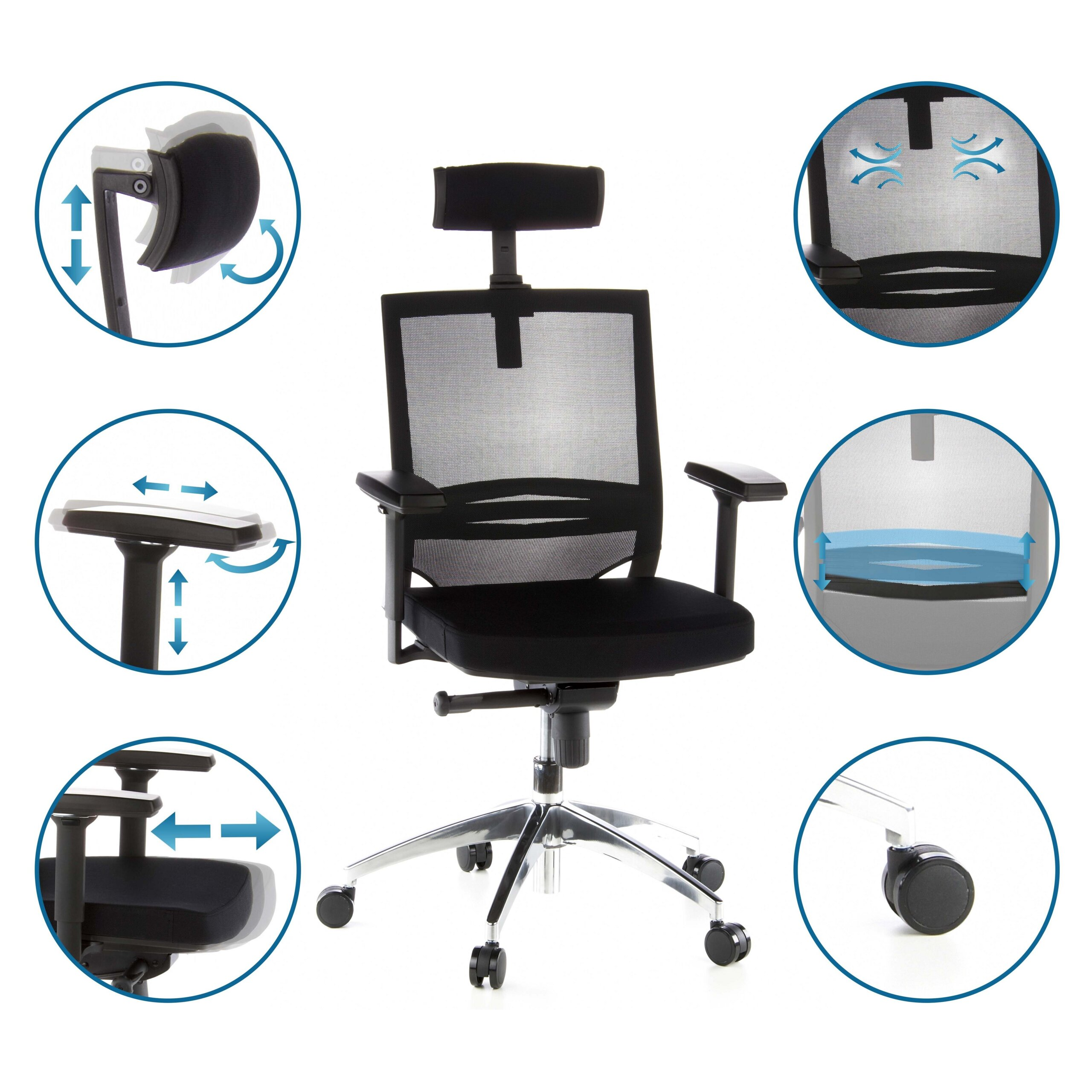 Ergonomischer schwarzer Bürostuhl mit Rollen und verstellbaren Elementen.