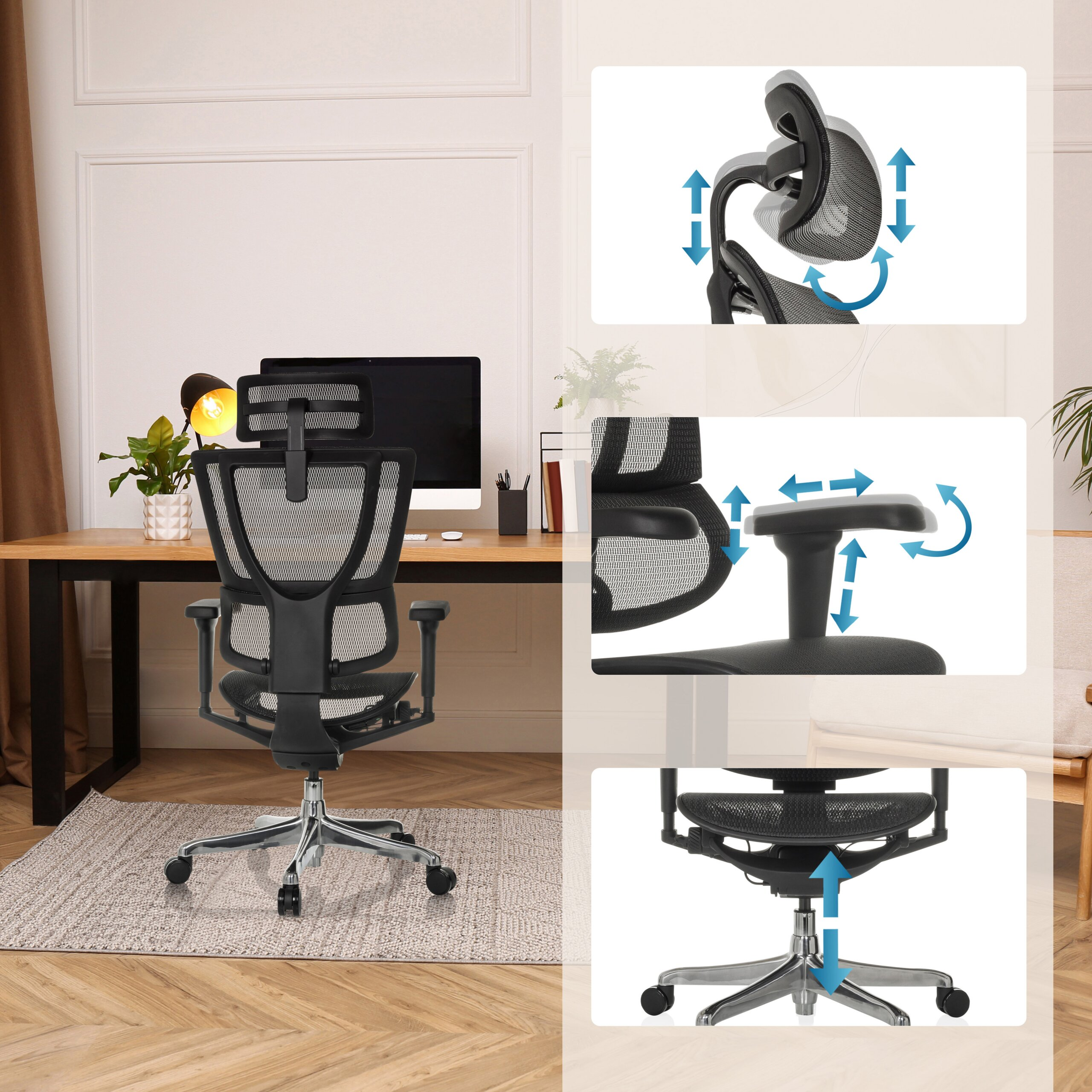 Ein schwarzer ergonomischer Bürostuhl mit verstellbarer Kopfstütze, Armlehnen und Sitzhöhe in einem modernen Arbeitszimmer.