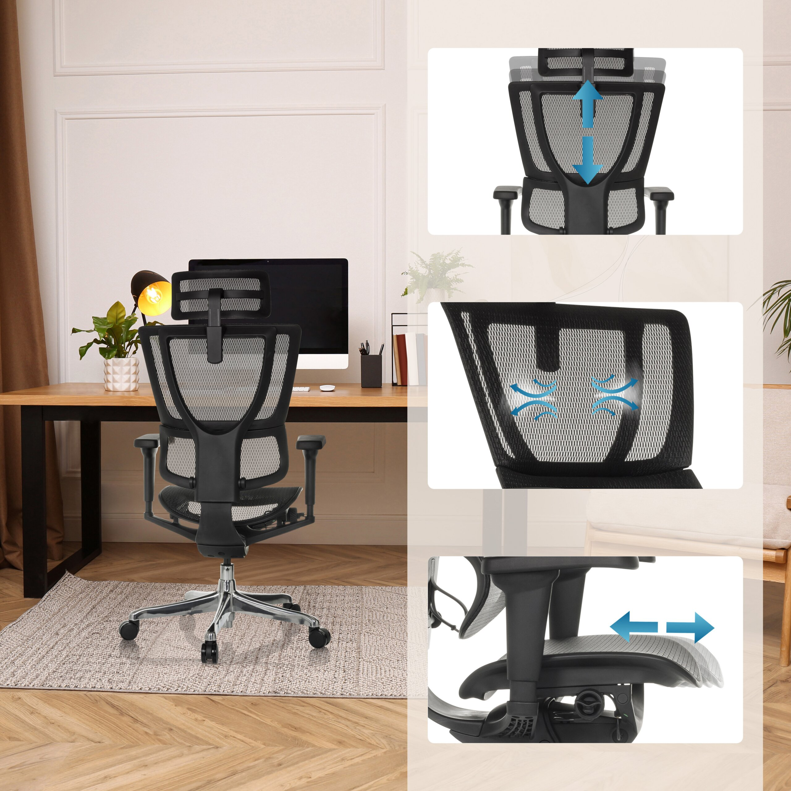 Ein schwarzer Netzsessel in einem Zimmer mit Insets für verstellbare Höhe, Lendenwirbelstütze und Sitztiefe.