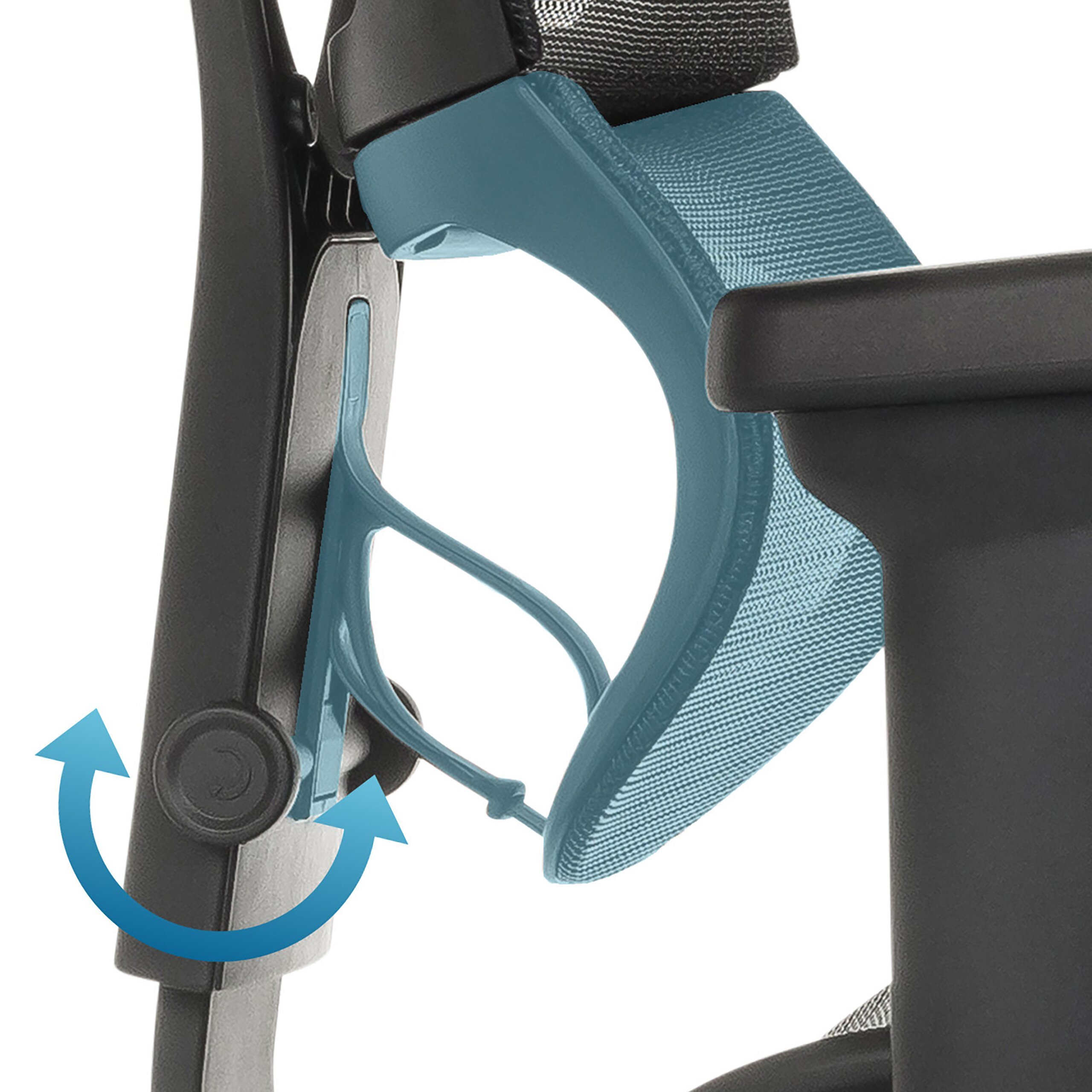 Nahaufnahme der blauen und schwarzen ergonomischen Stuhllendenstütze mit einem geschwungenen Einstellmechanismus.