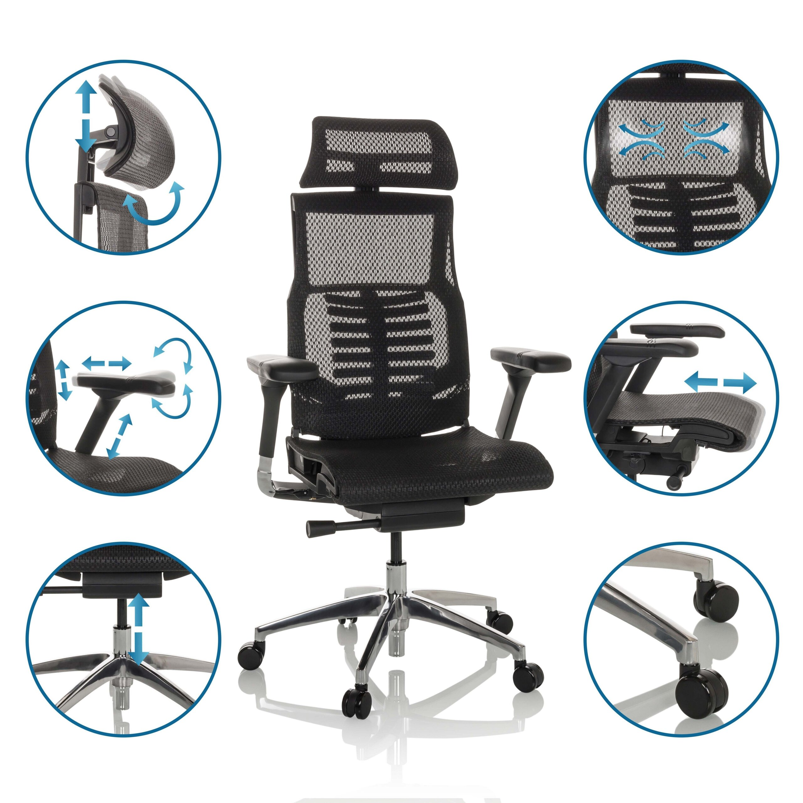 Schwarzer ergonomischer Buerostuhl mit verstellbaren Elementen wie Kopfstuetze, Armlehnen und Sitzflaeche.