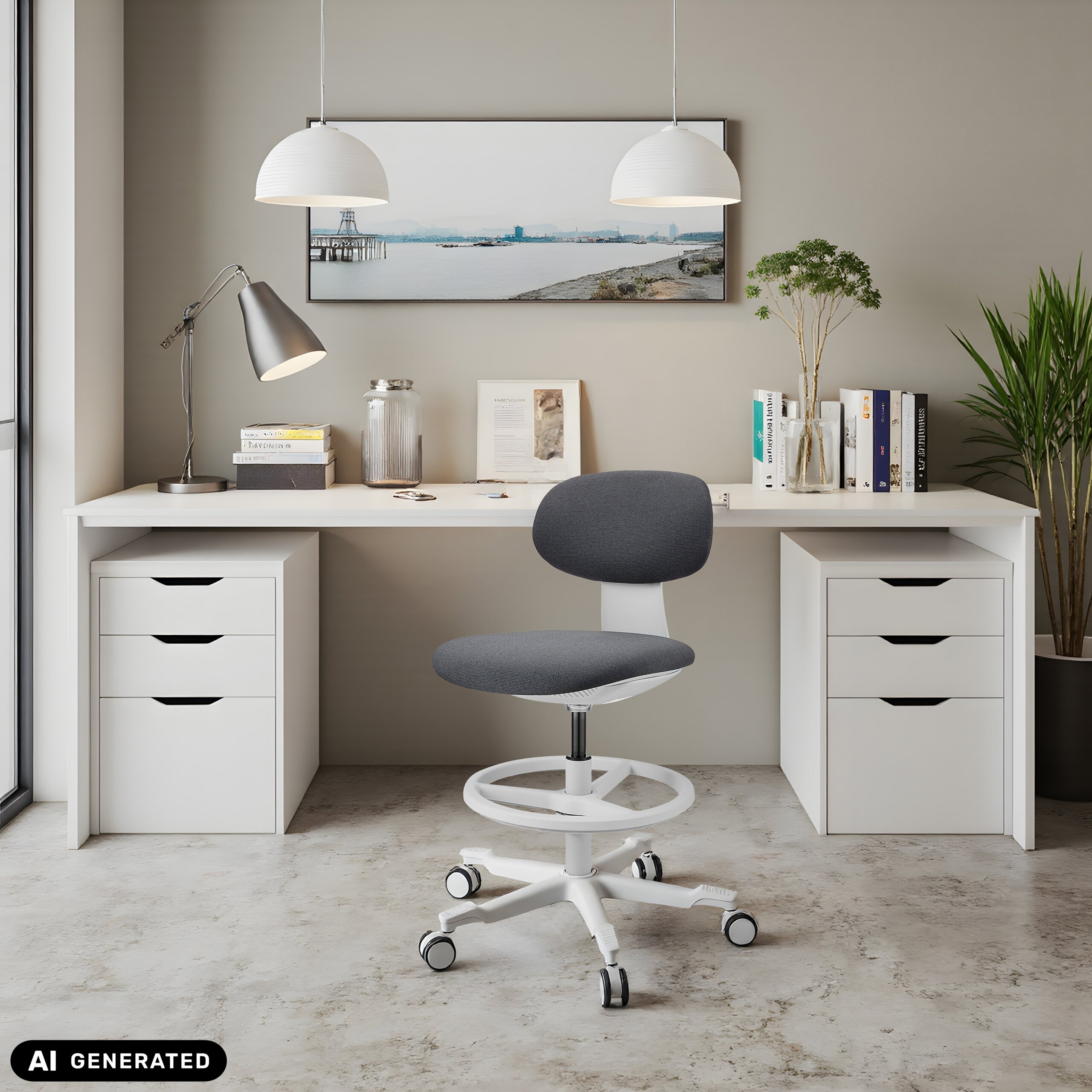 Ein weißer Schreibtisch mit Schubladen, Büchern, einer Lampe und einem grauen Rollstuhl im Vordergrund.